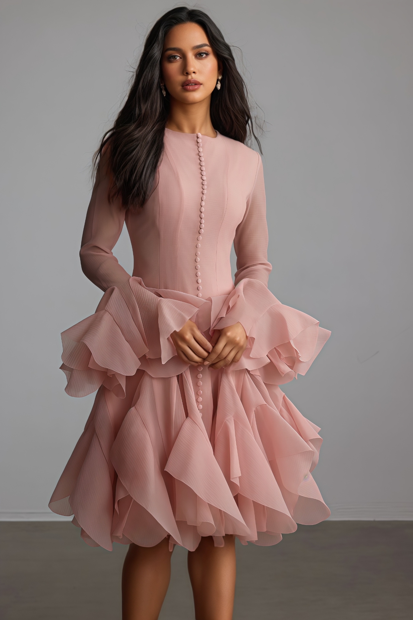 Havor Pink Long Sleeve Bell Hem Midi Dress
