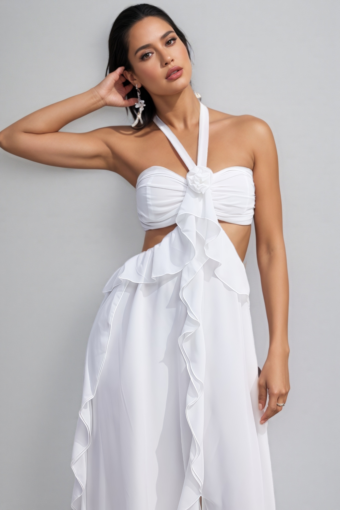 Erika Halter Cut-Out Ruffle Maxi Dress