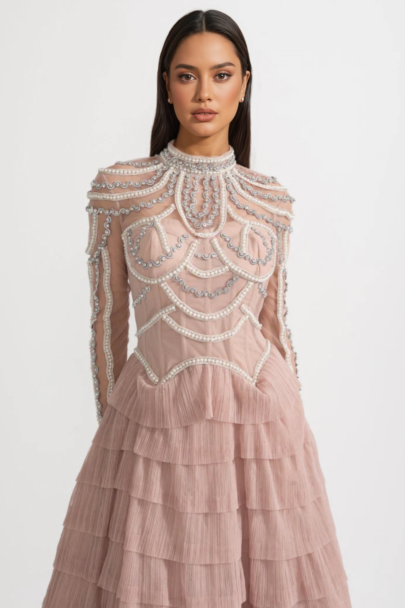 Avere Pink Long Sleeved Beaded Embellished Maxi Dress