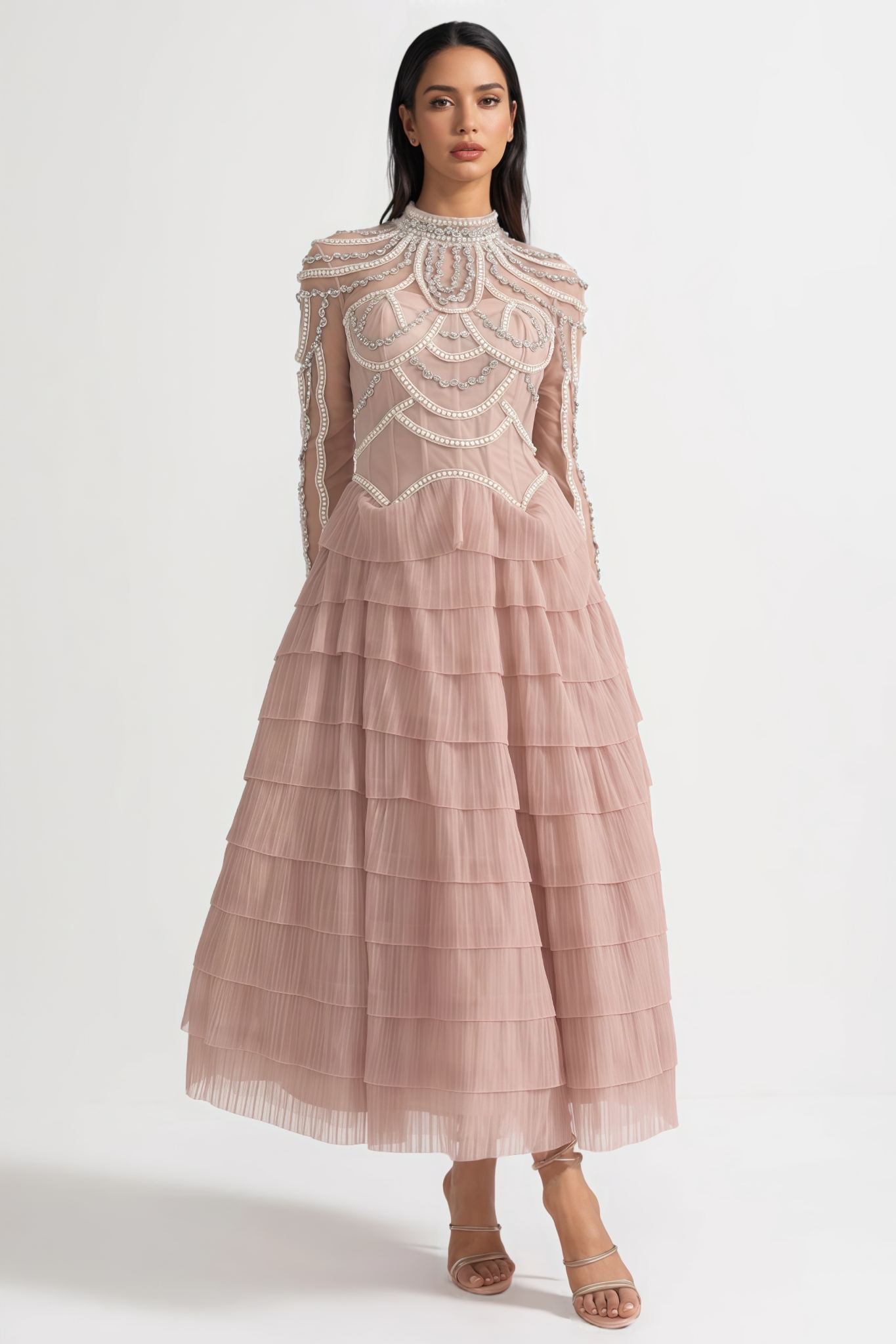 Avere Pink Long Sleeved Beaded Embellished Maxi Dress