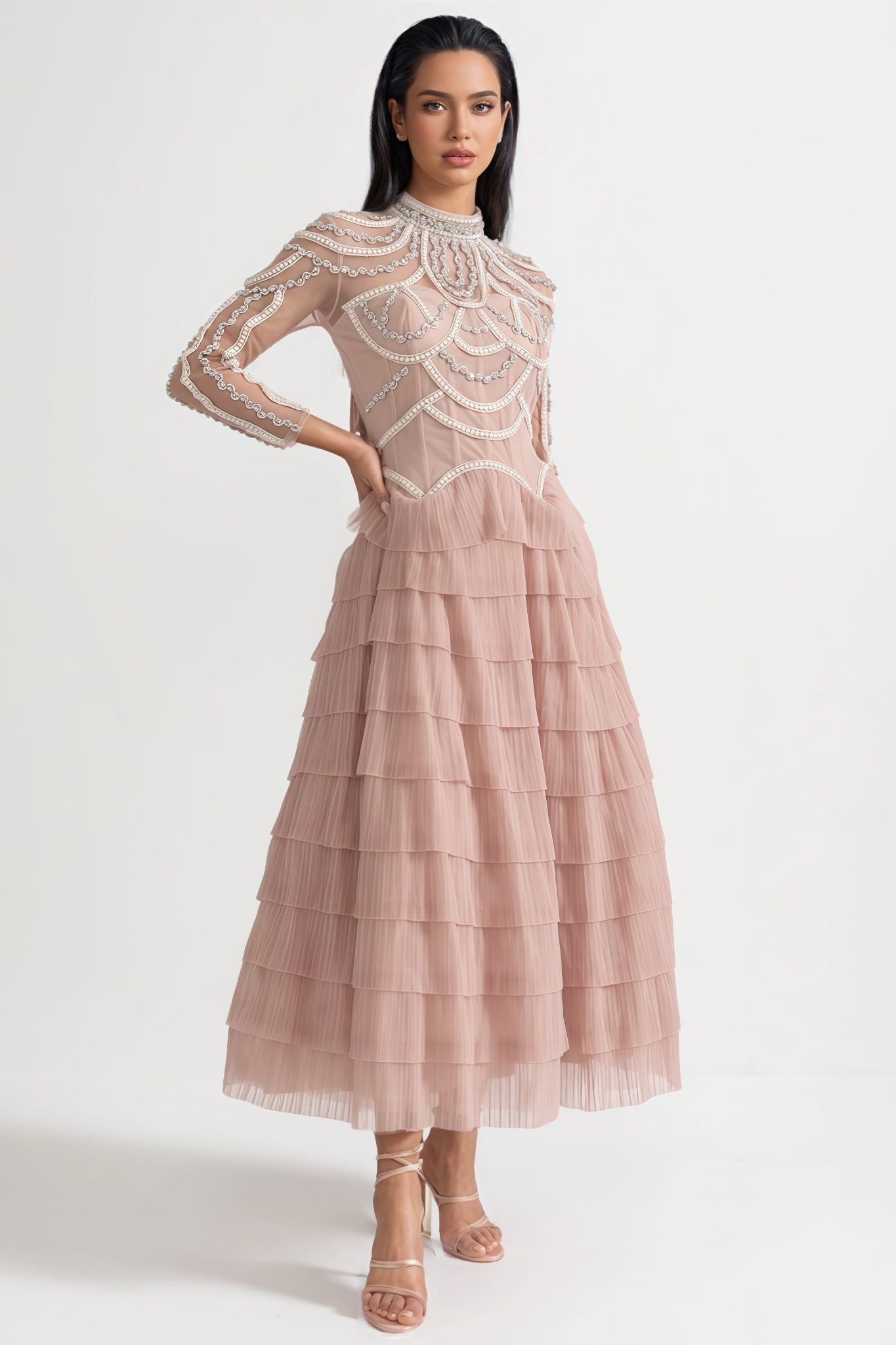 Avere Pink Long Sleeved Beaded Embellished Maxi Dress