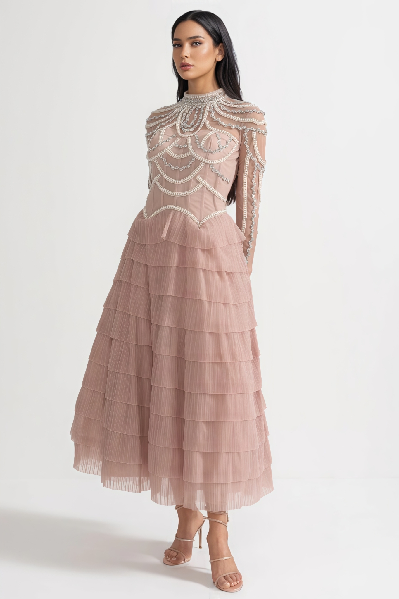 Avere Pink Long Sleeved Beaded Embellished Maxi Dress