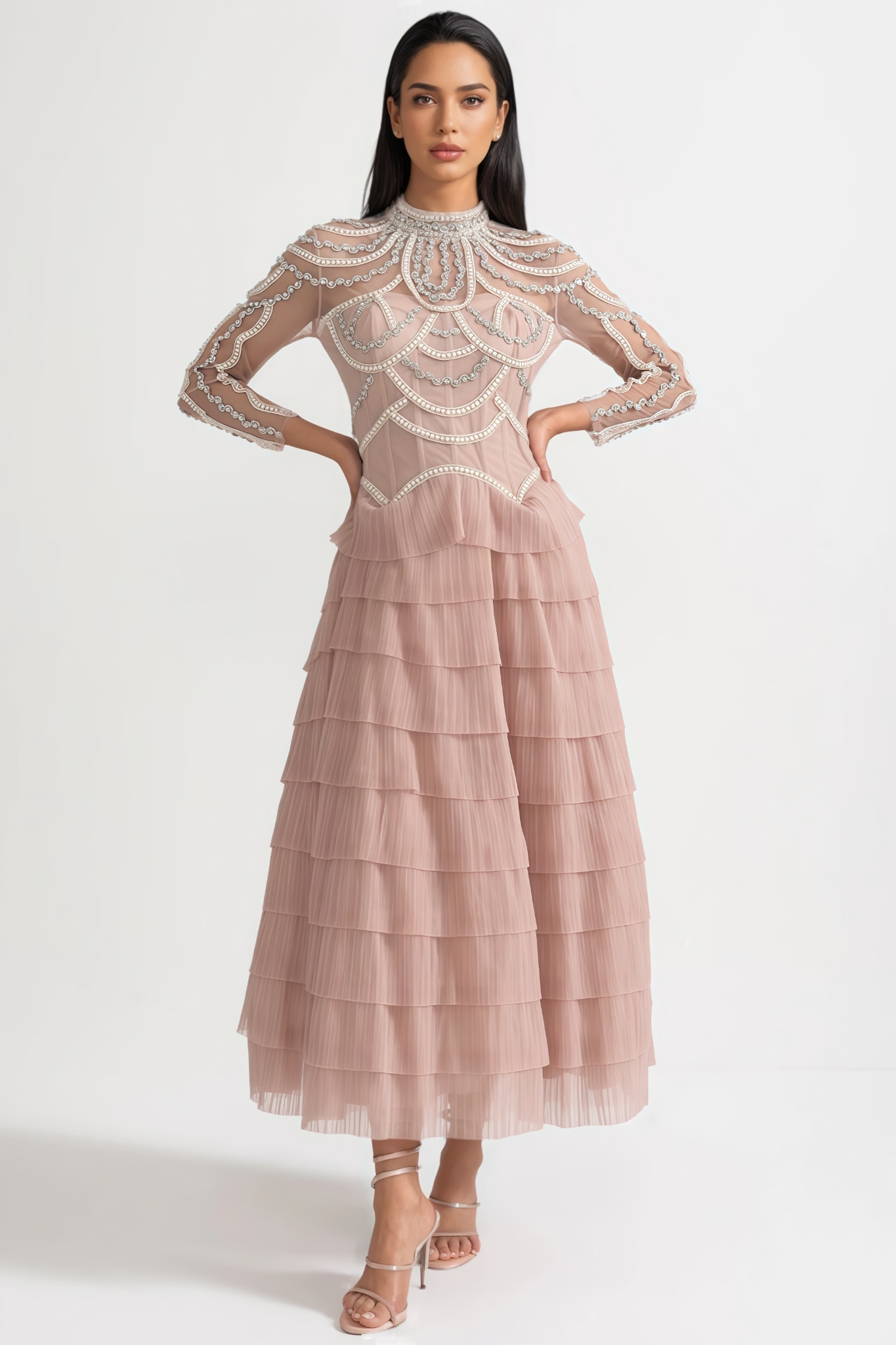 Avere Pink Long Sleeved Beaded Embellished Maxi Dress