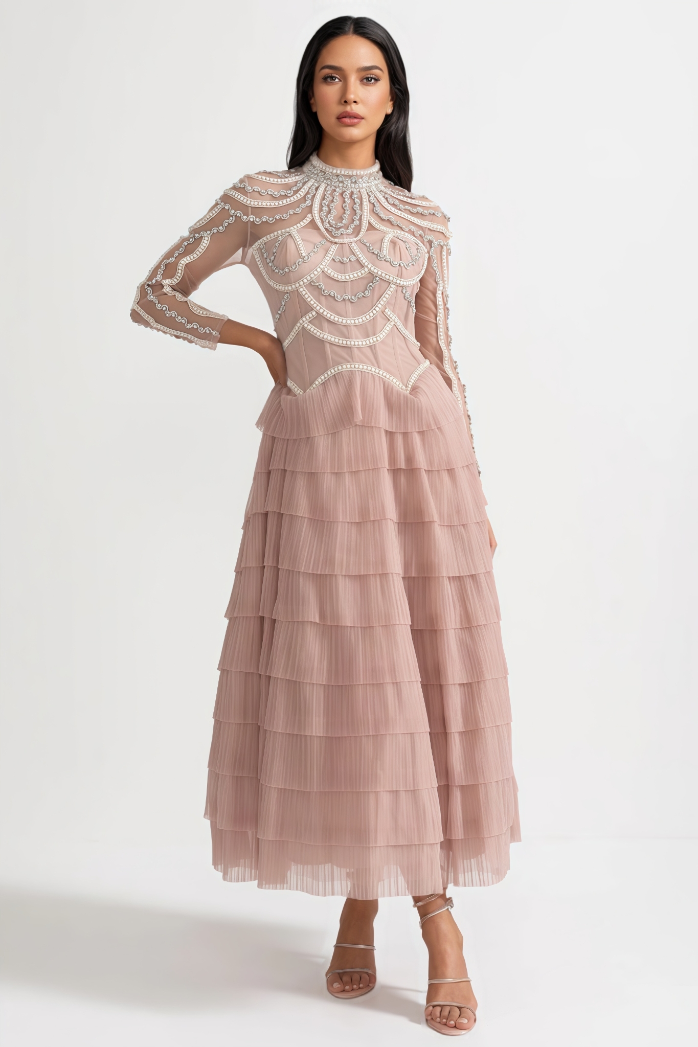 Avere Pink Long Sleeved Beaded Embellished Maxi Dress