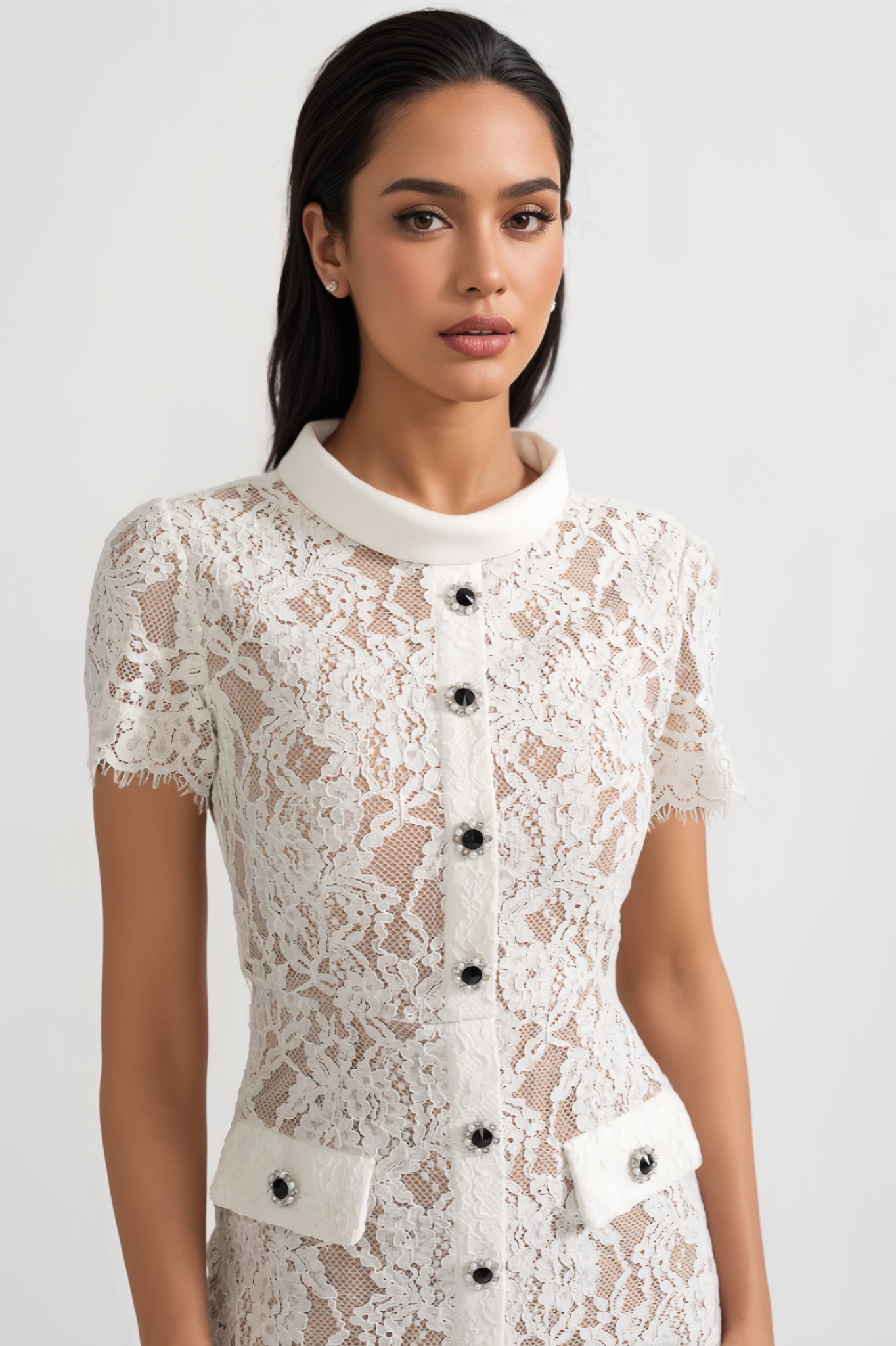 Quarot White Short Sleeve Lace Midi Dress