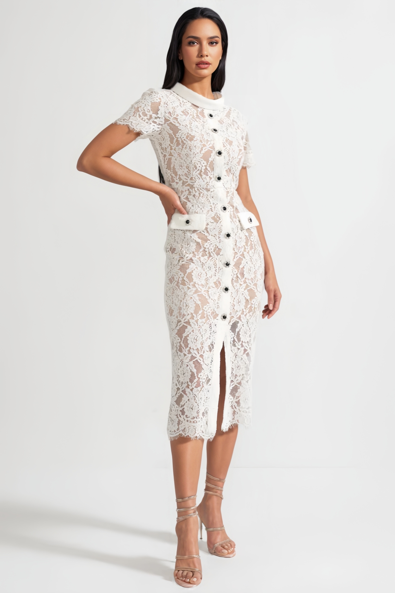 Quarot White Short Sleeve Lace Midi Dress