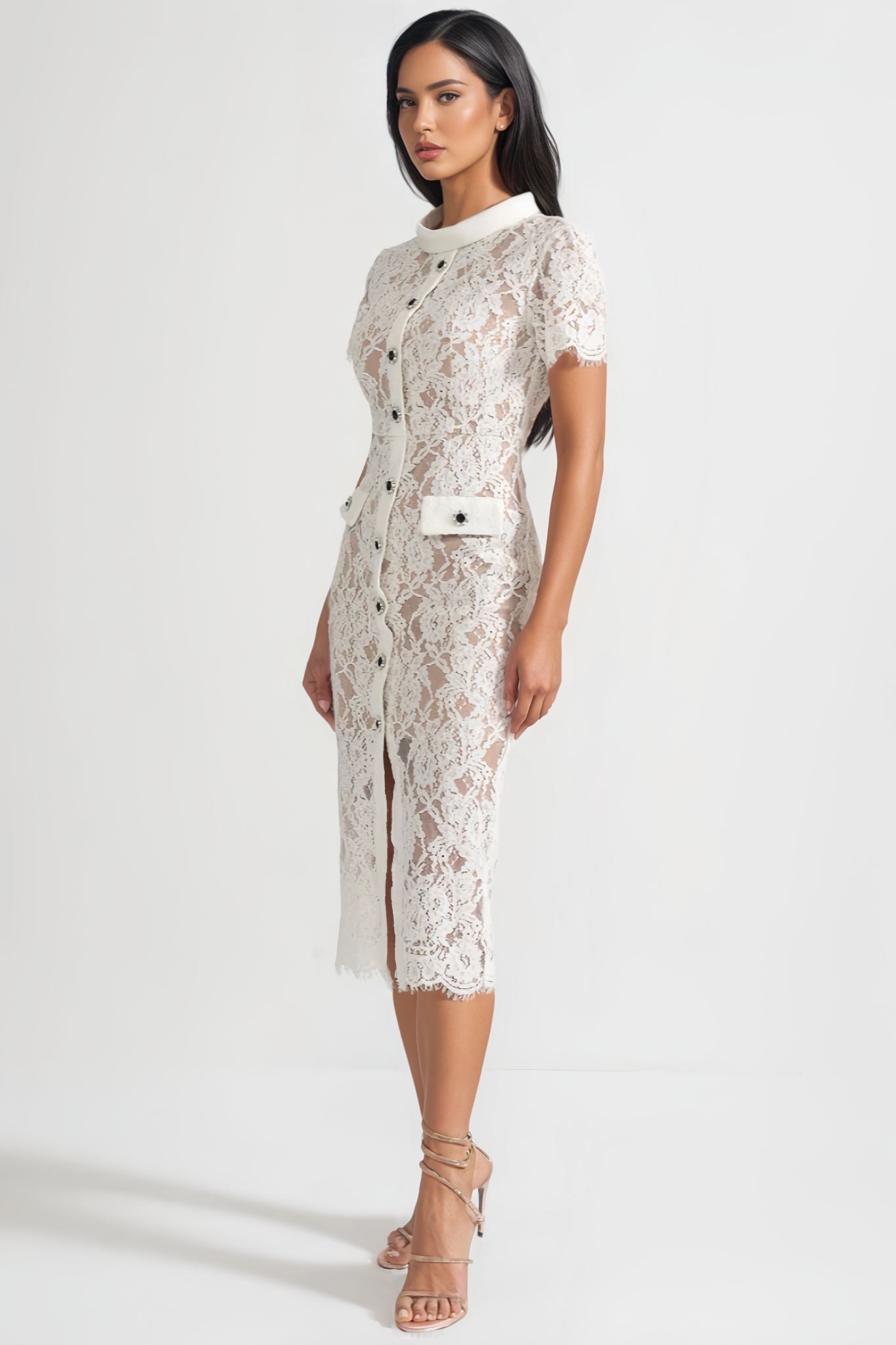 Quarot White Short Sleeve Lace Midi Dress