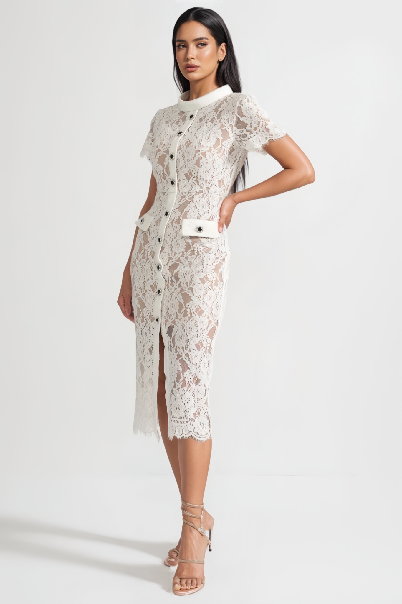Quarot White Short Sleeve Lace Midi Dress