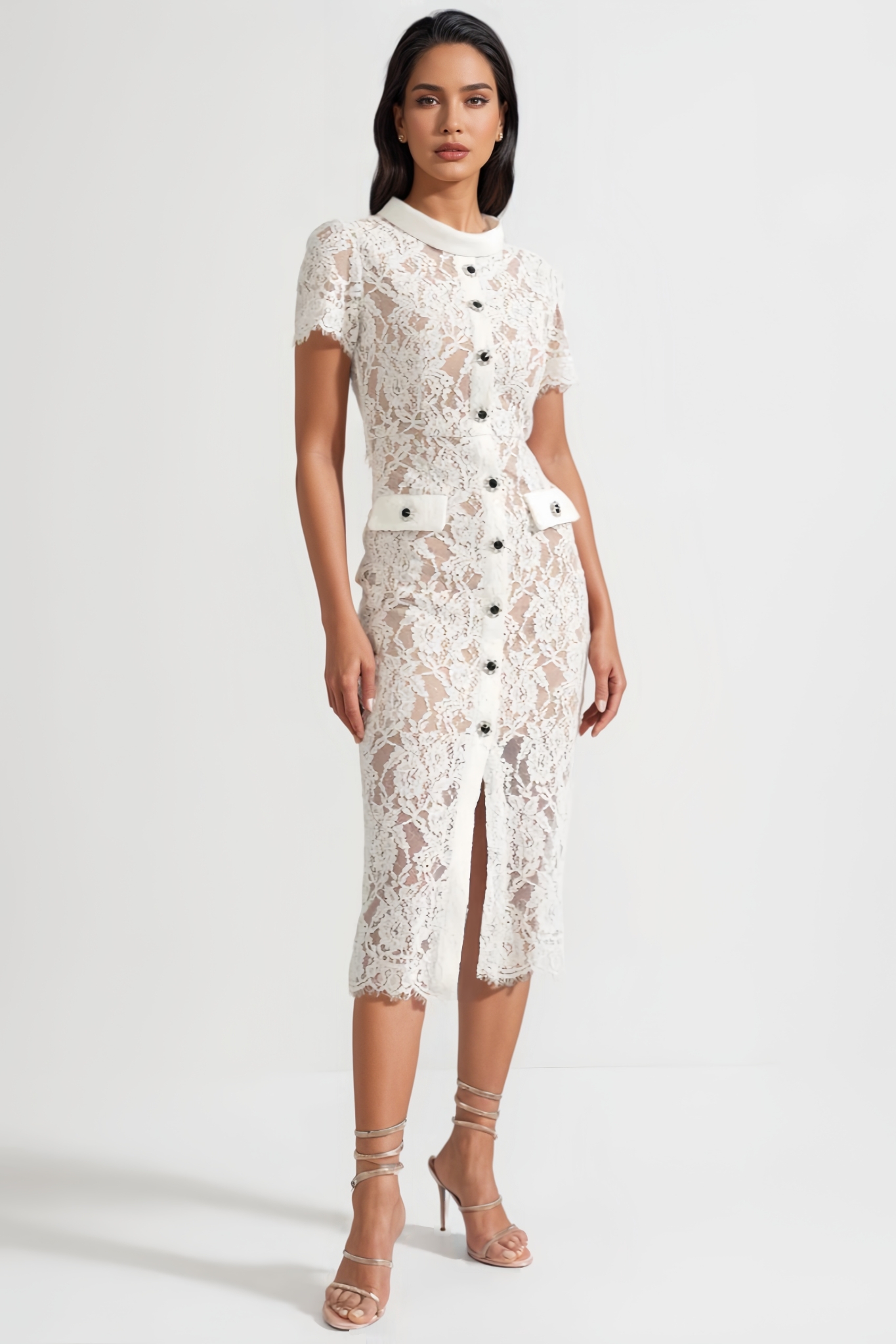 Quarot White Short Sleeve Lace Midi Dress