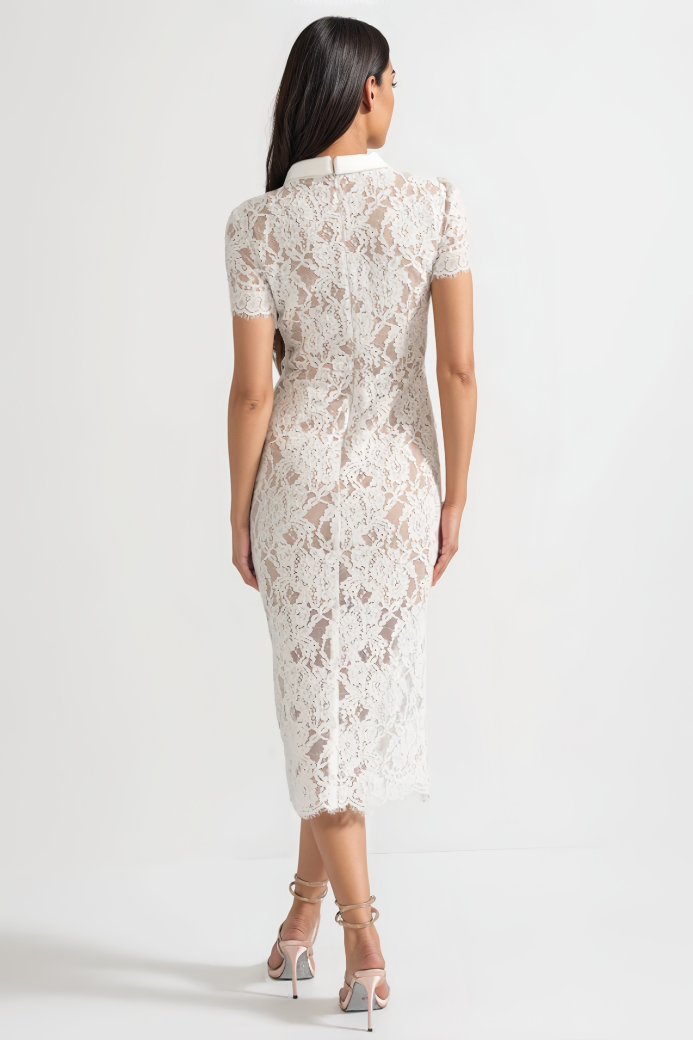 Quarot White Short Sleeve Lace Midi Dress
