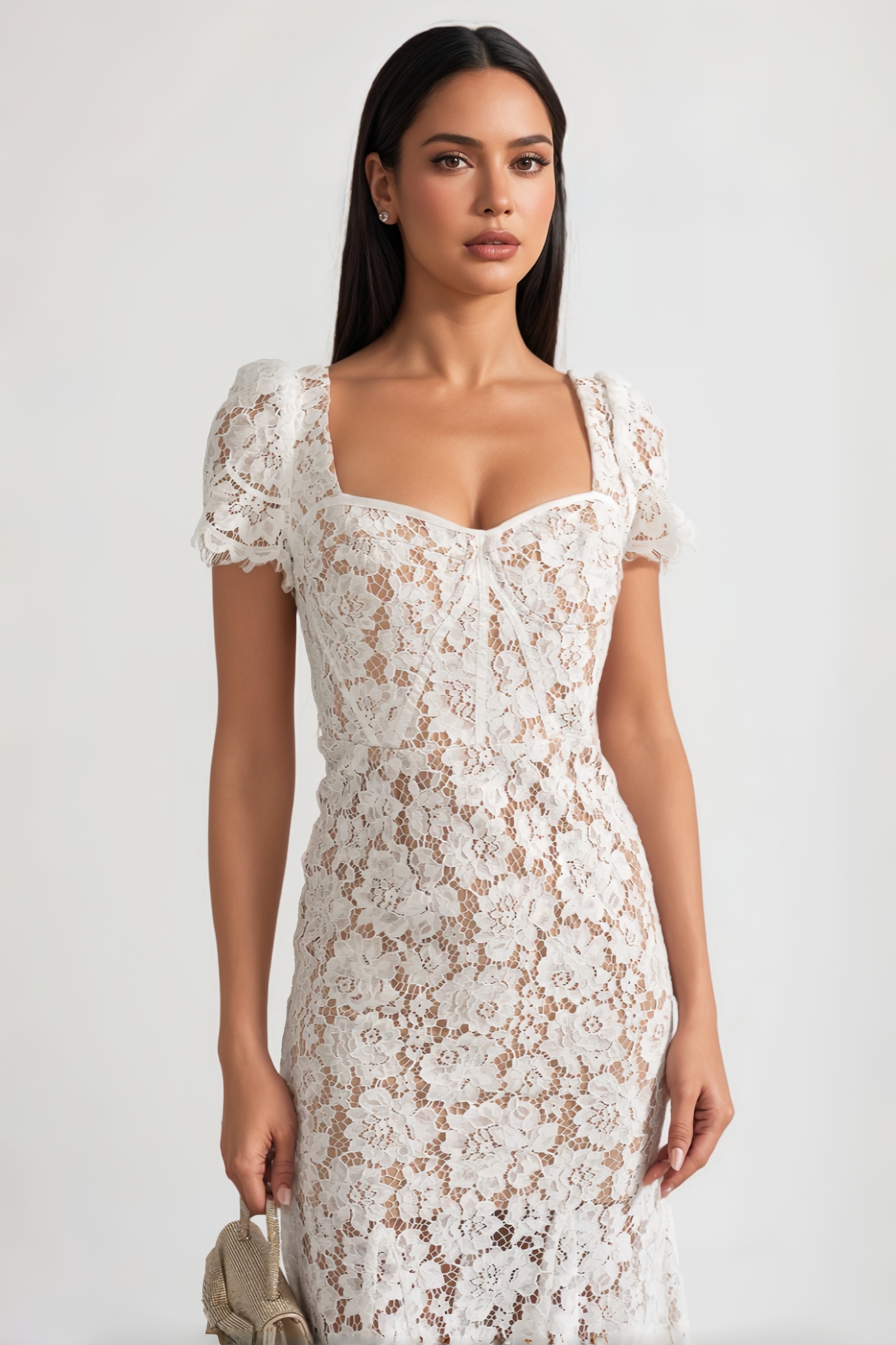 Ilrick White Sleeved Floral Lace Midi Dress 
