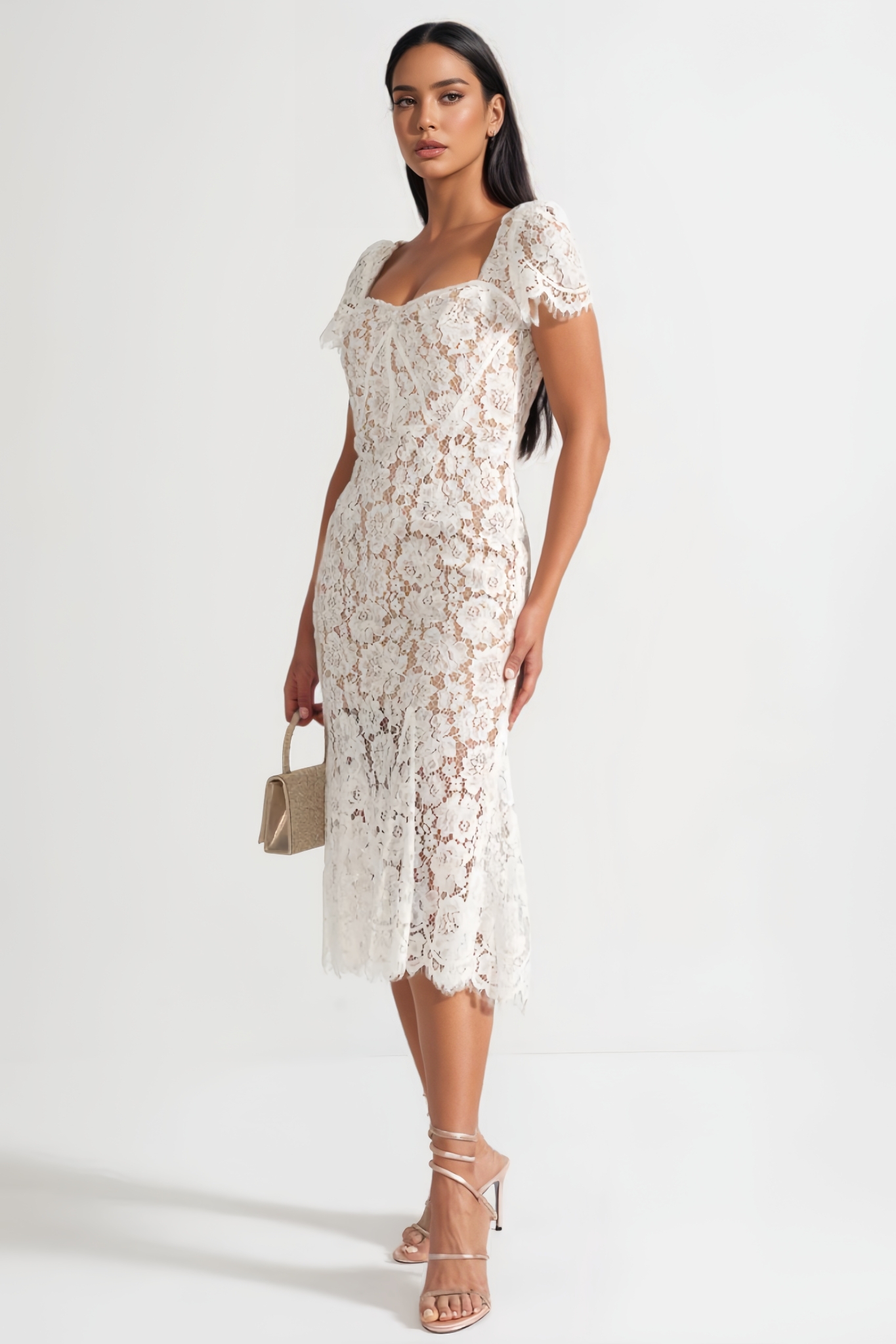 Ilrick White Sleeved Floral Lace Midi Dress 