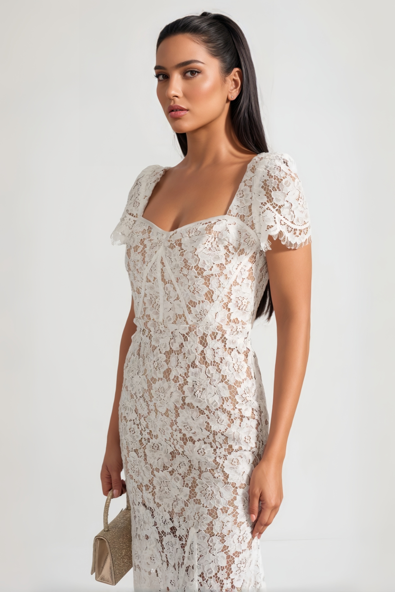 Ilrick White Sleeved Floral Lace Midi Dress 