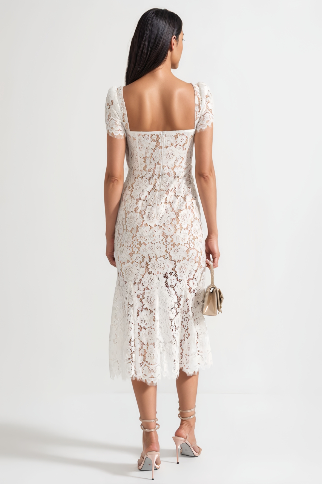 Ilrick White Sleeved Floral Lace Midi Dress 