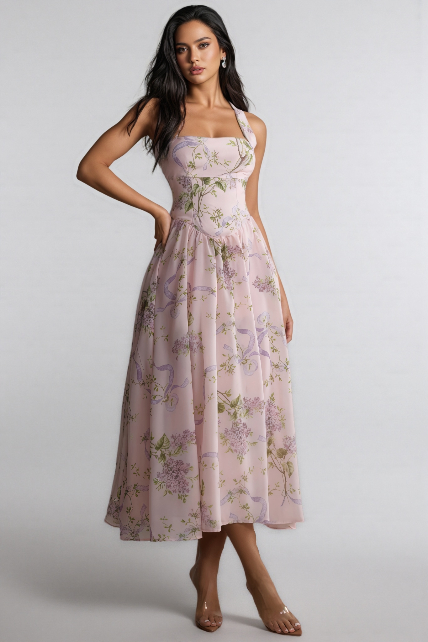 Ekala Floral Print Open Back Midi Dress