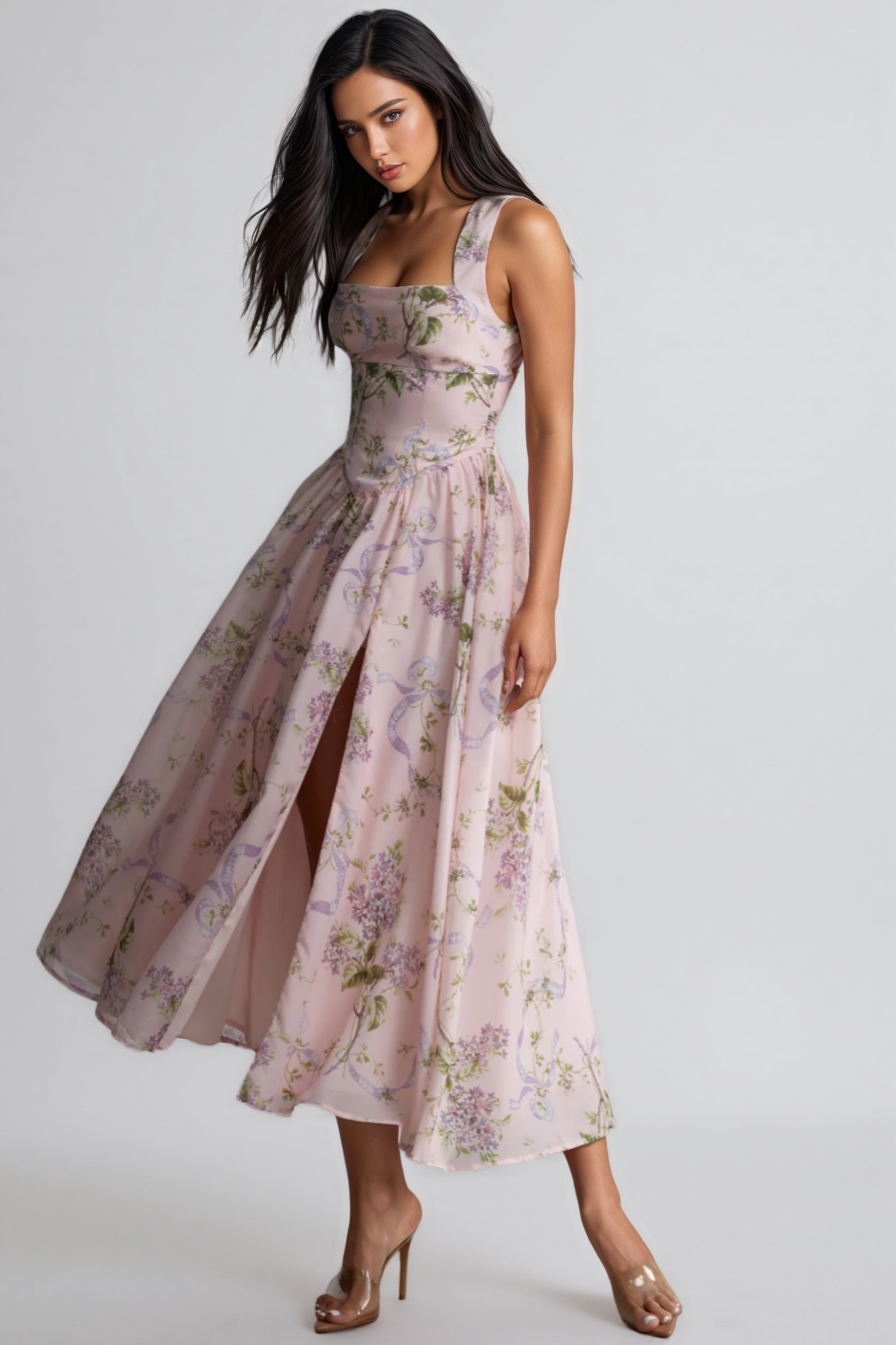 Ekala Floral Print Open Back Midi Dress