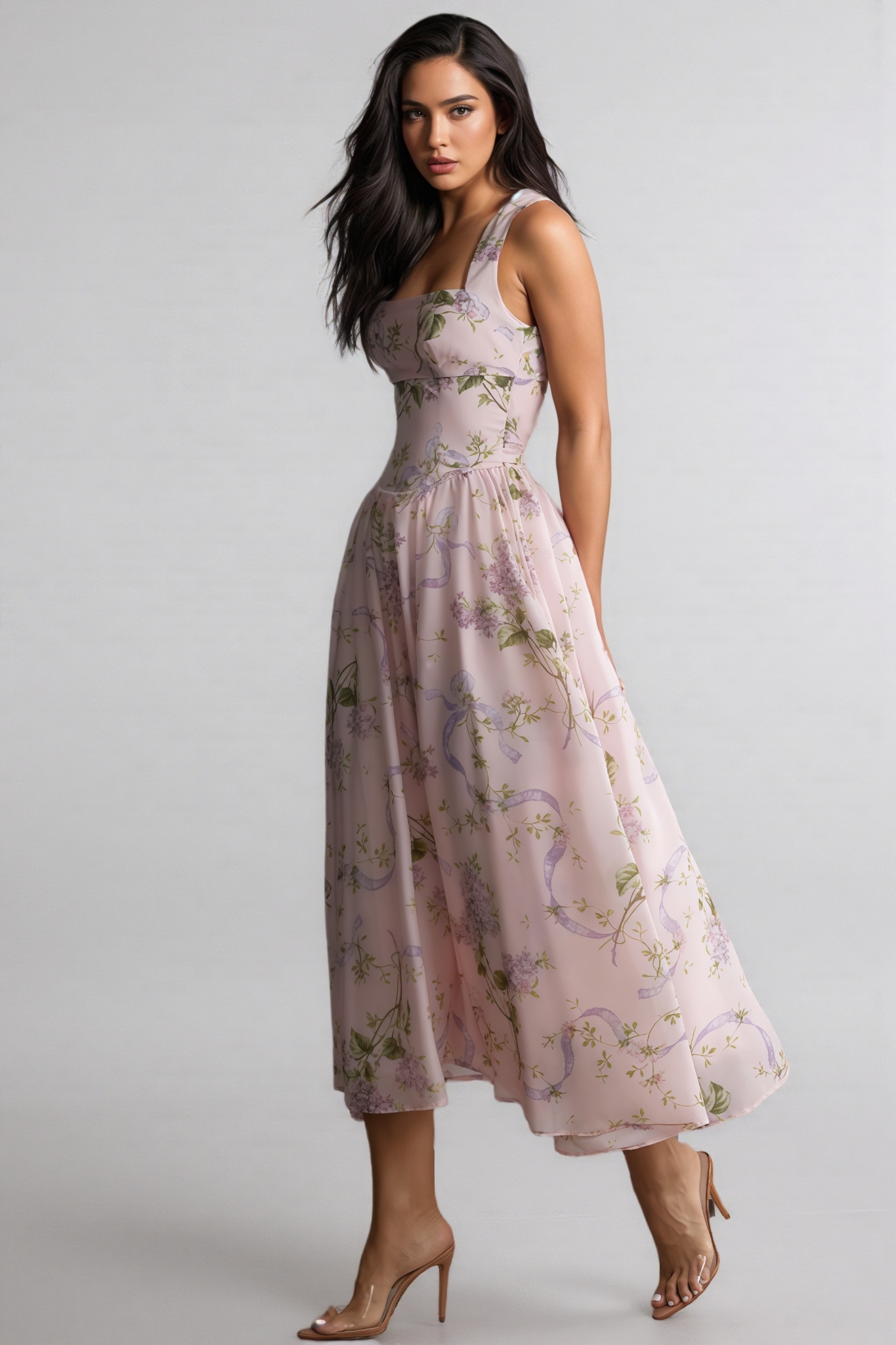 Ekala Floral Print Open Back Midi Dress