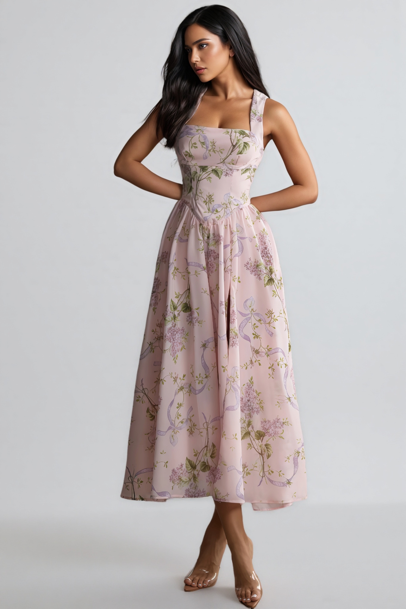 Ekala Floral Print Open Back Midi Dress