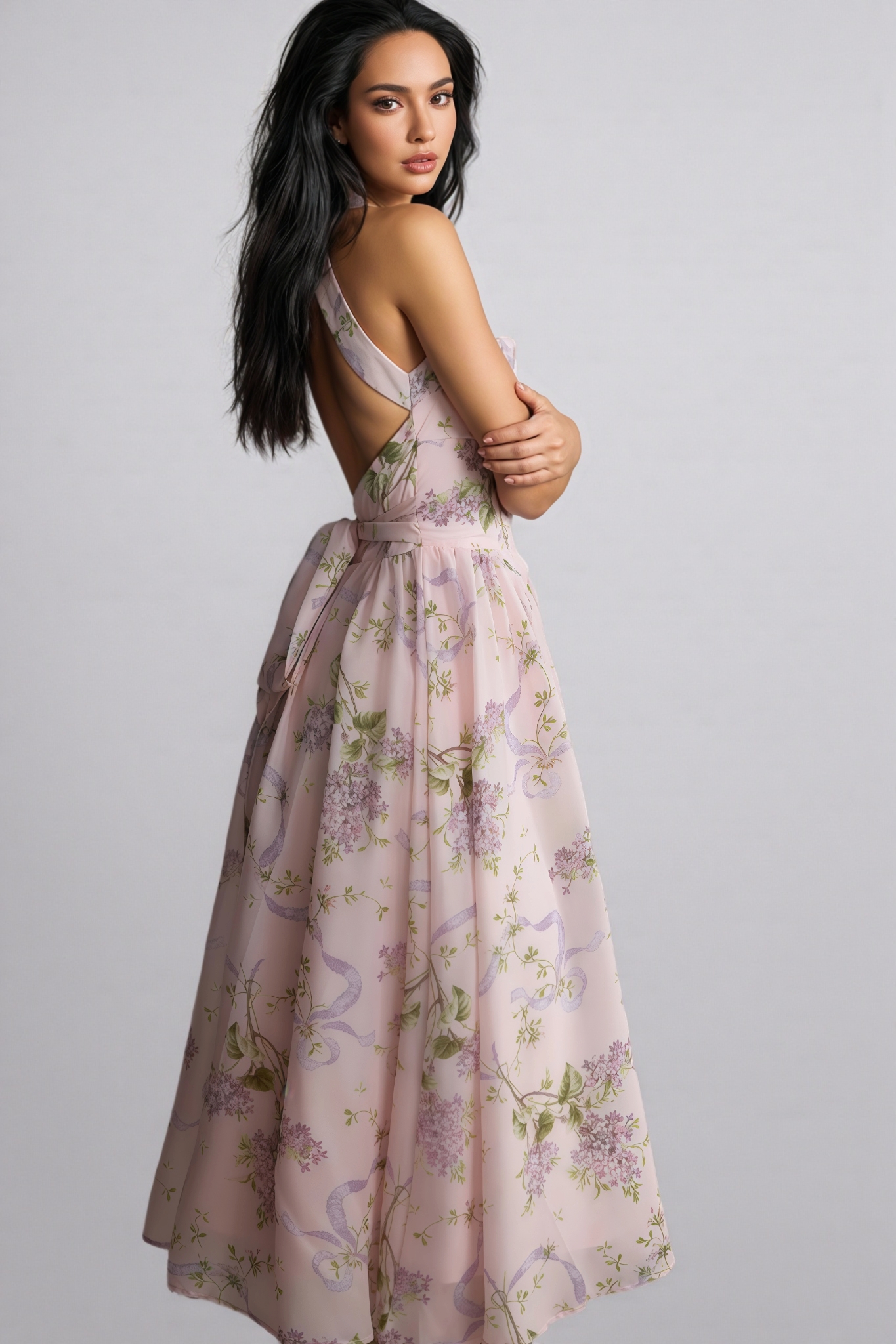 Ekala Floral Print Open Back Midi Dress