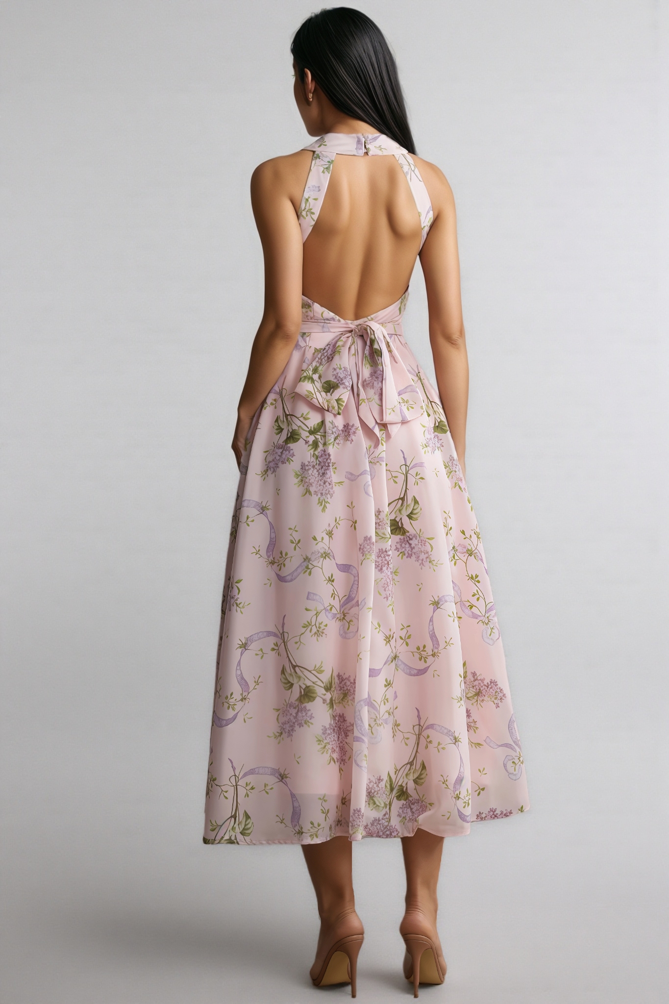 Ekala Floral Print Open Back Midi Dress
