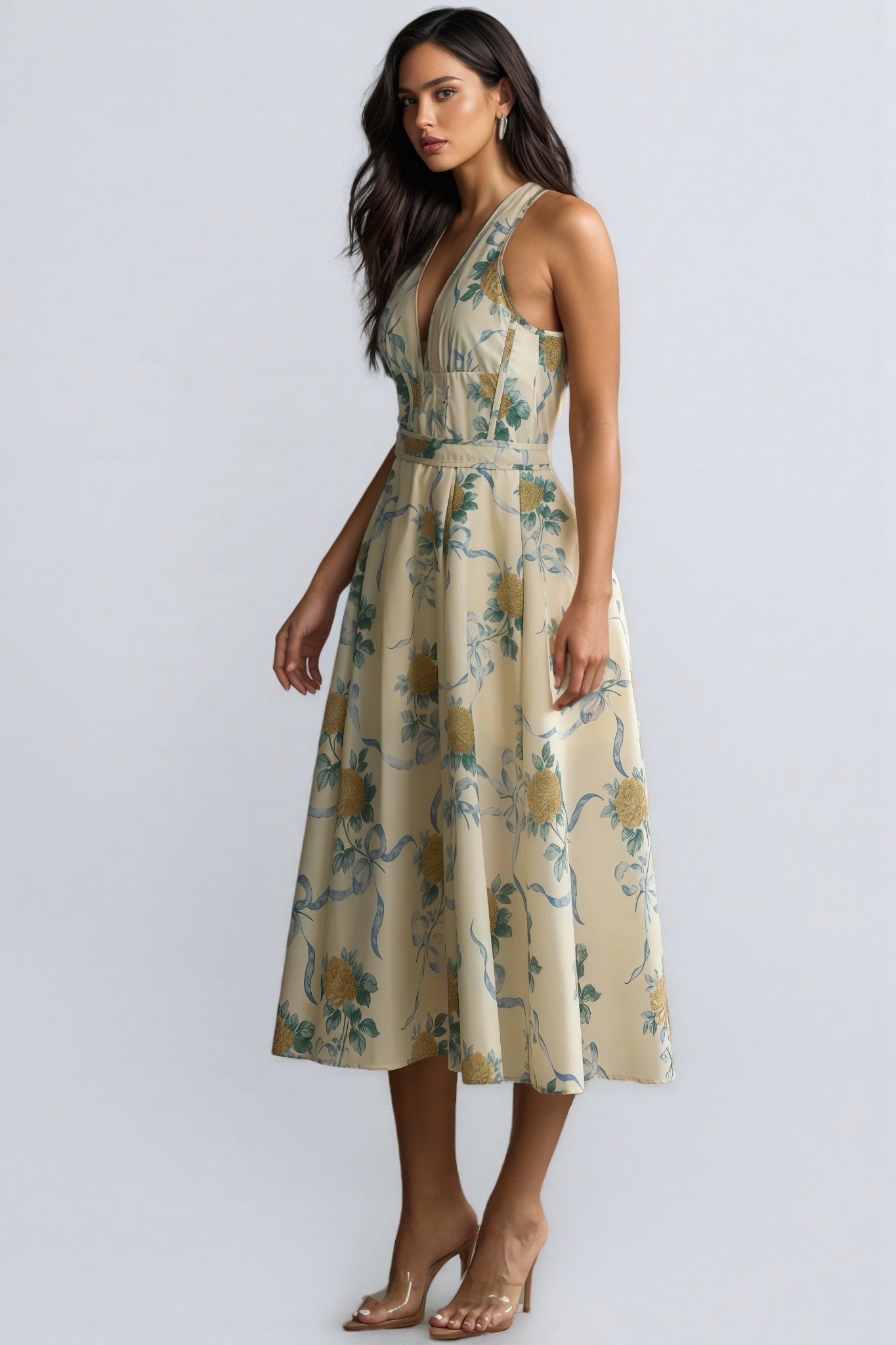Mabel Floral Print Deep V Neck Midi Dress
