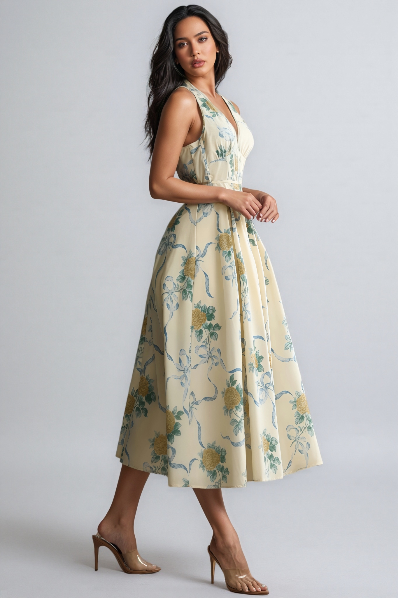 Mabel Floral Print Deep V Neck Midi Dress