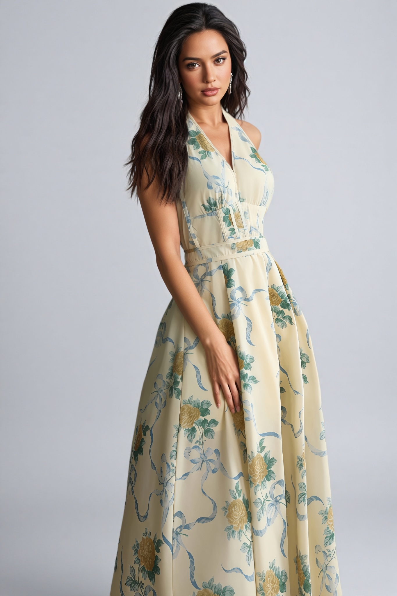 Mabel Floral Print Deep V Neck Midi Dress