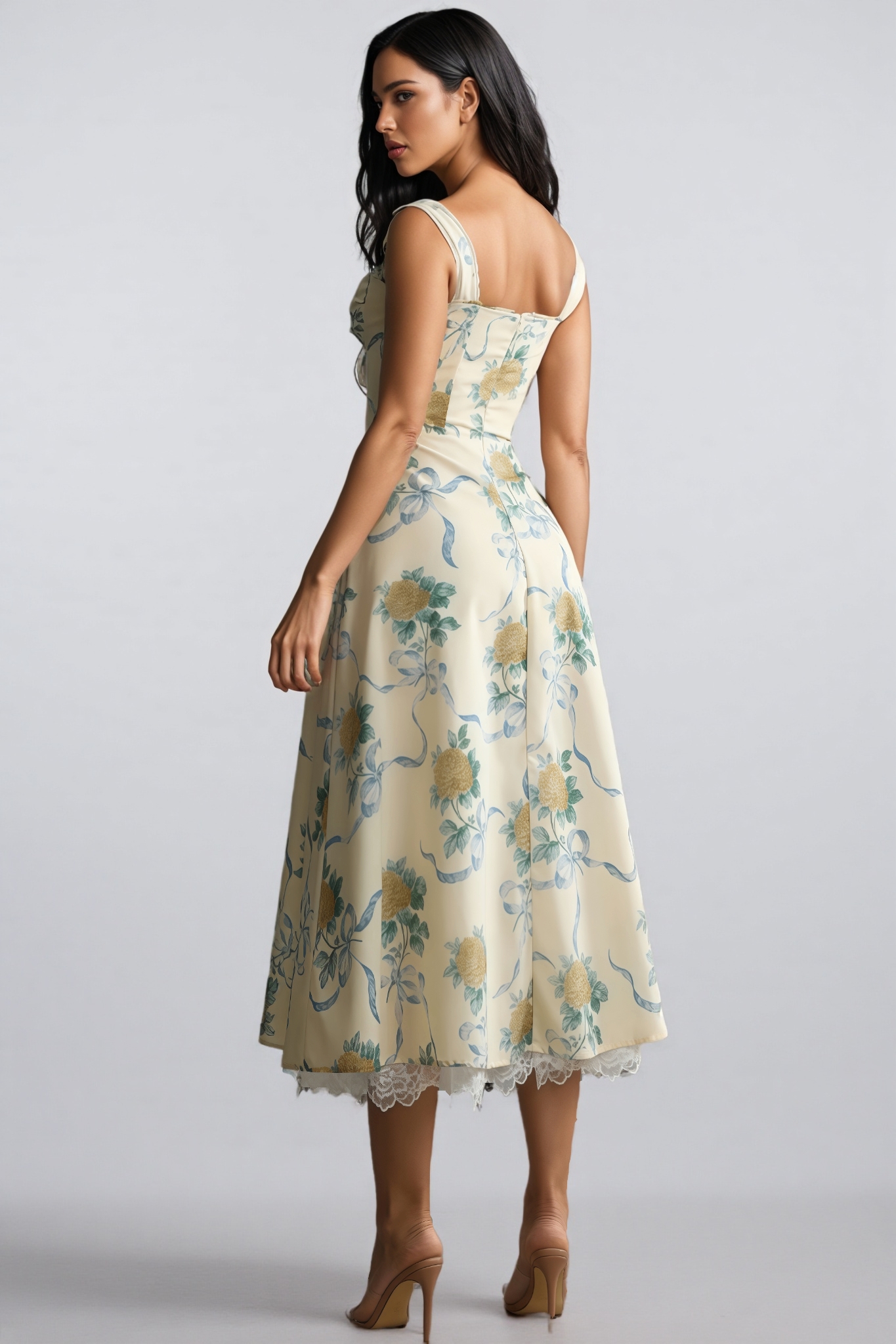 Caelu Floral Print Sweetheart Midi Dress
