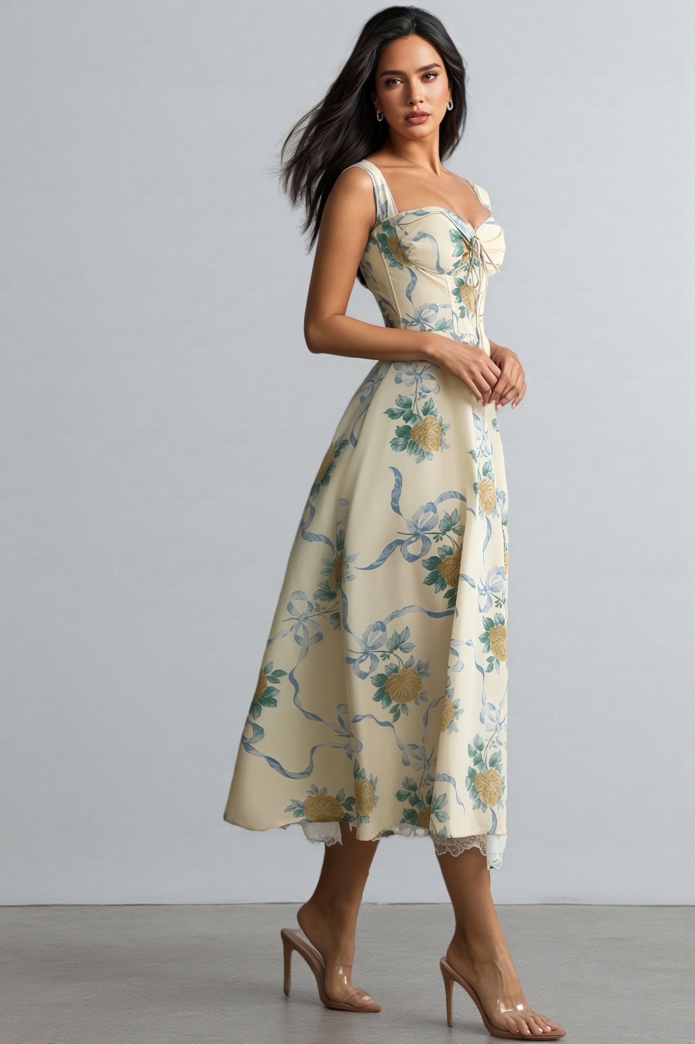 Caelu Floral Print Sweetheart Midi Dress