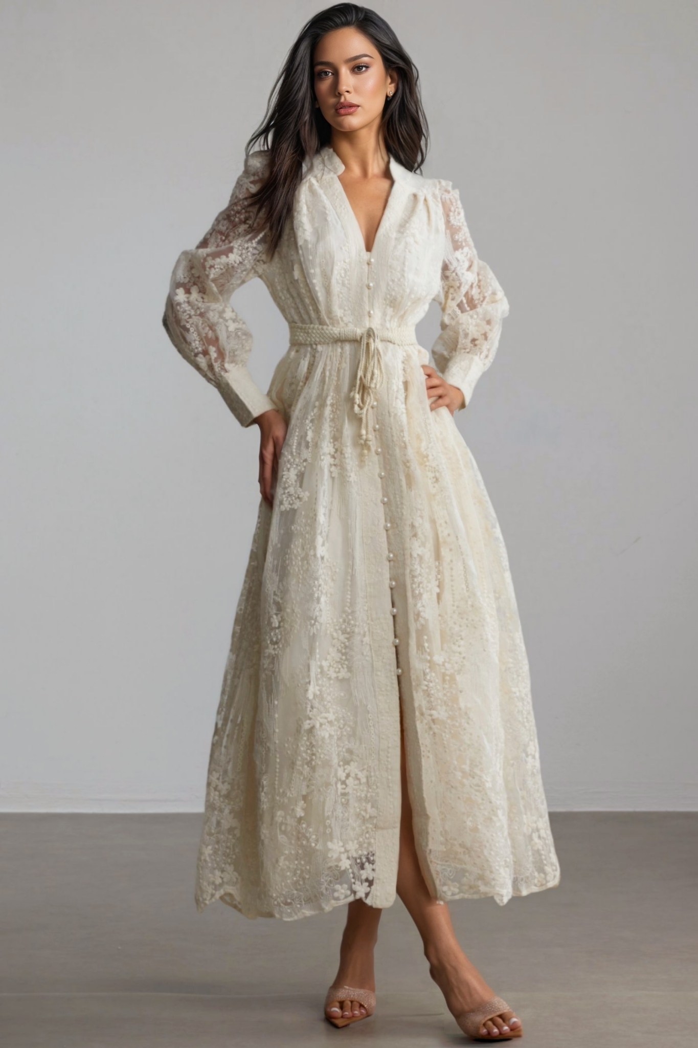 Vaice V Neck Lace Embroidered Midi Dress