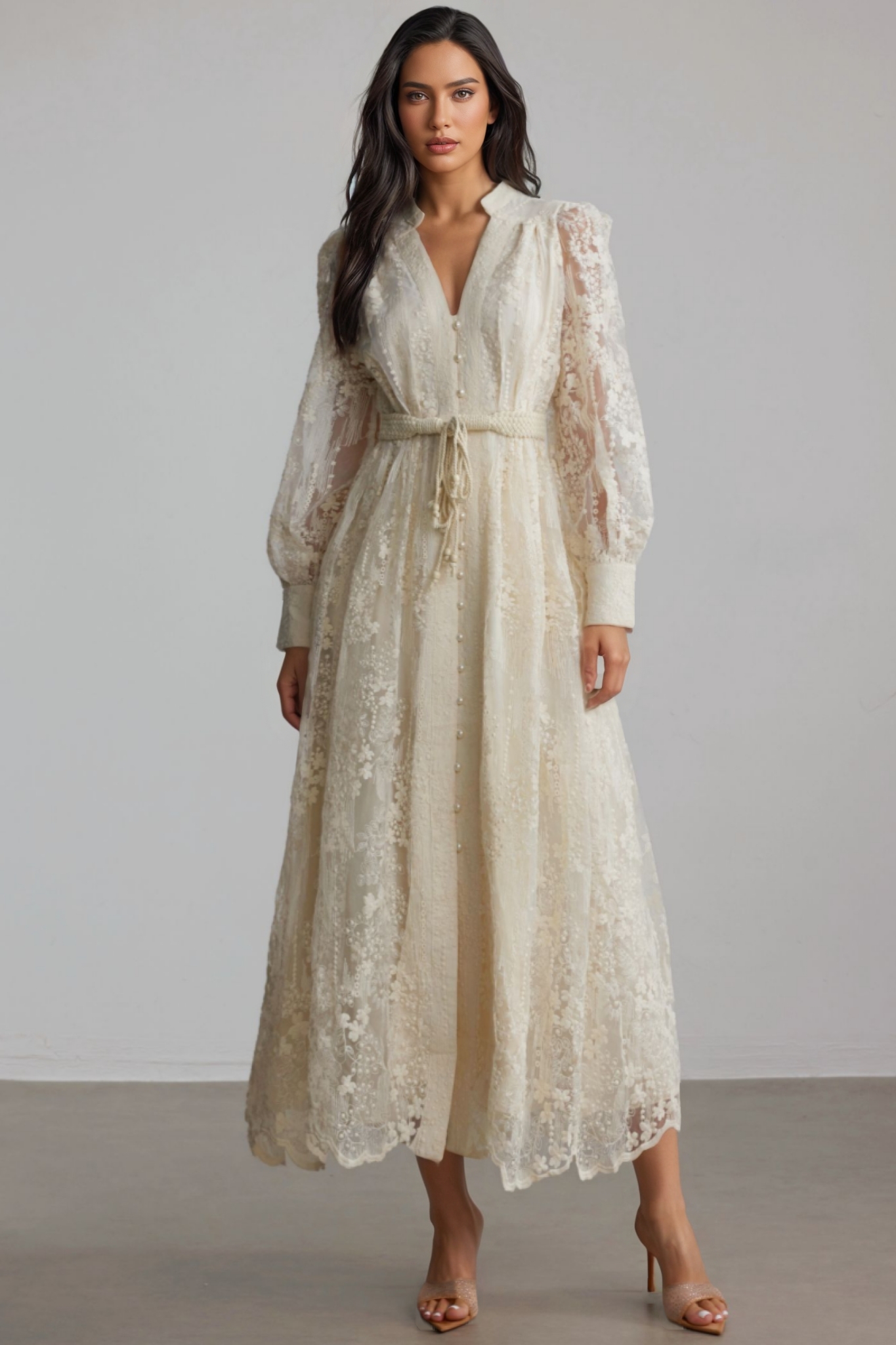 Vaice V Neck Lace Embroidered Midi Dress