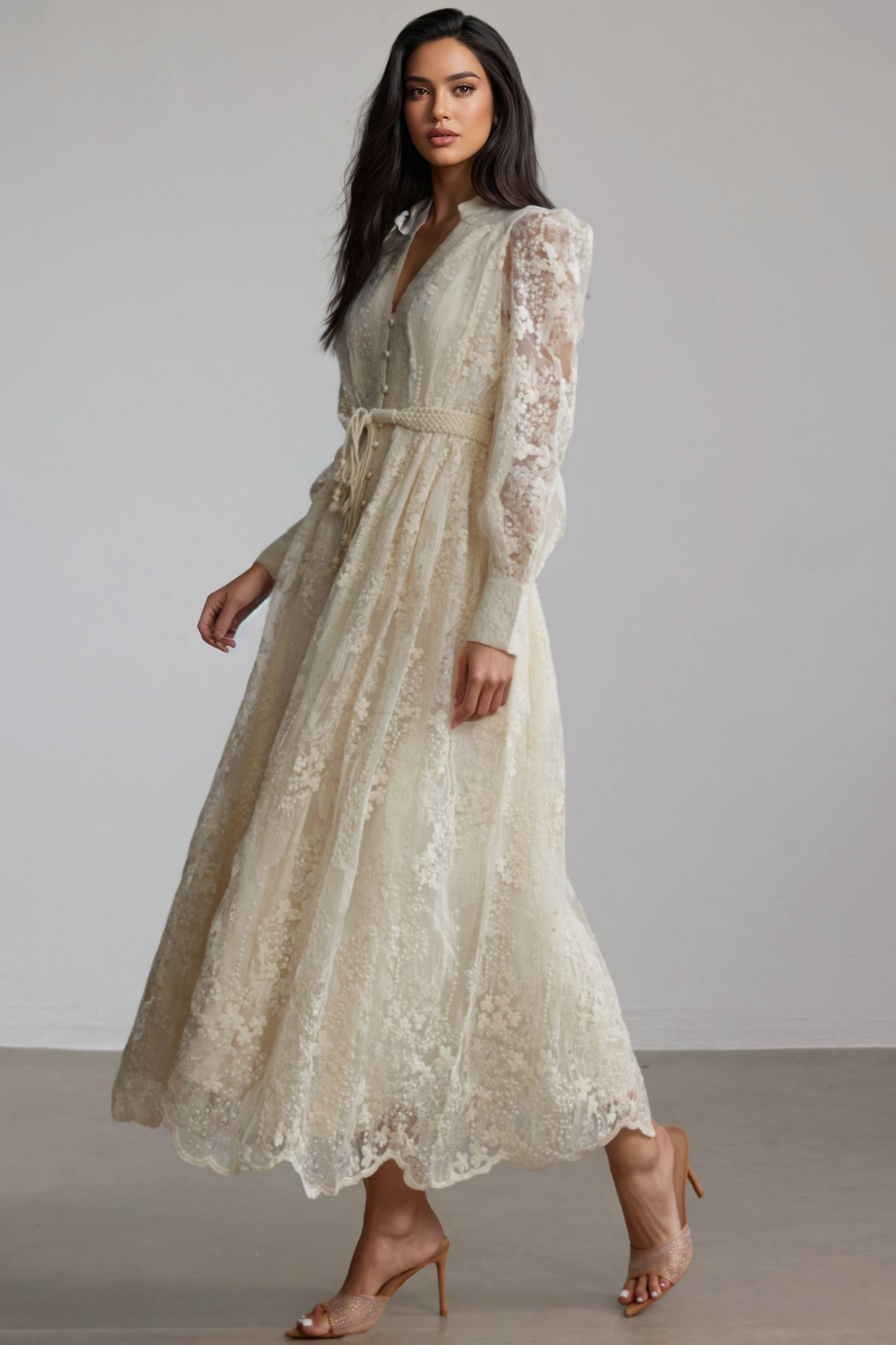 Vaice V Neck Lace Embroidered Midi Dress