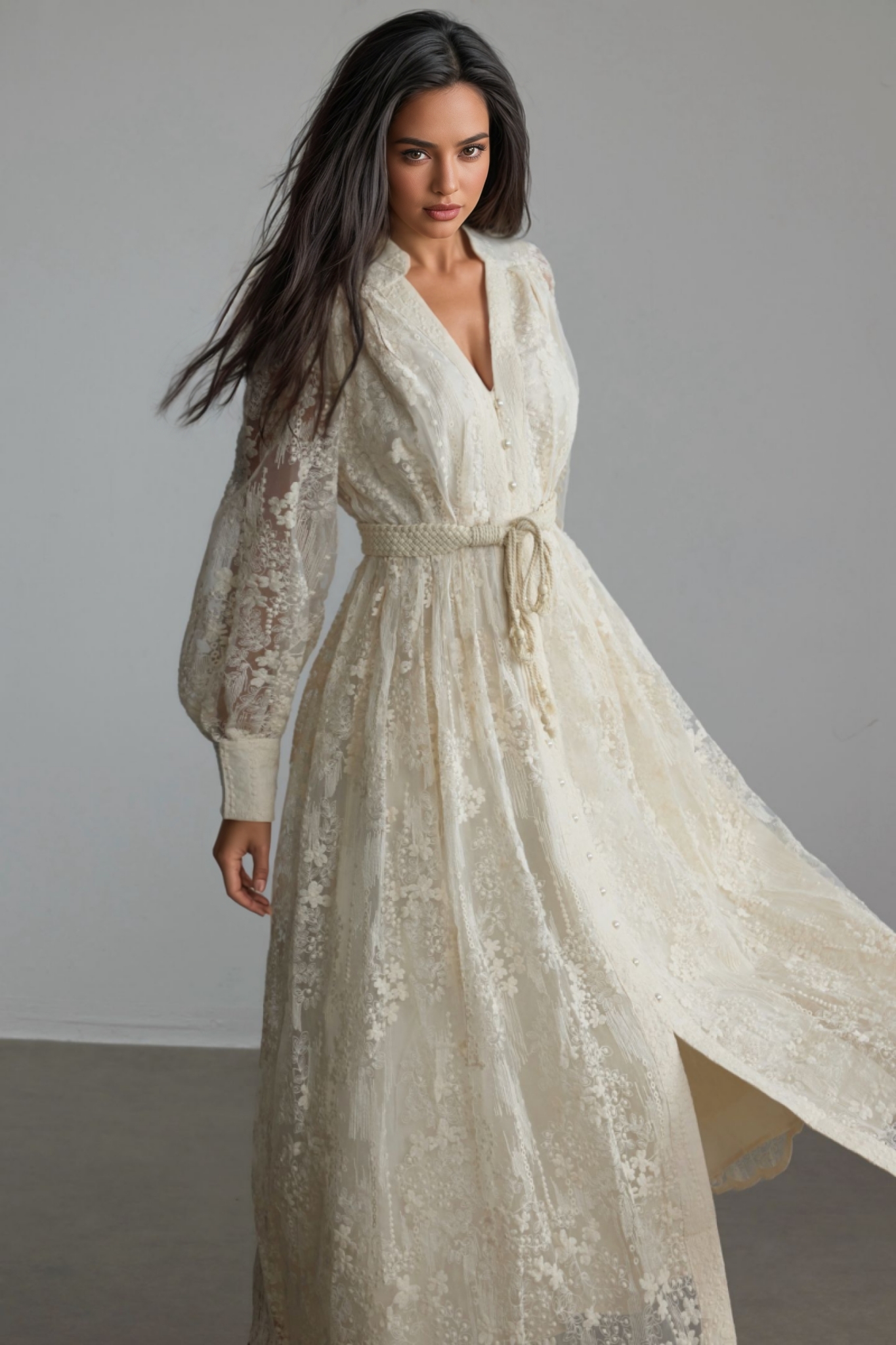 Vaice V Neck Lace Embroidered Midi Dress