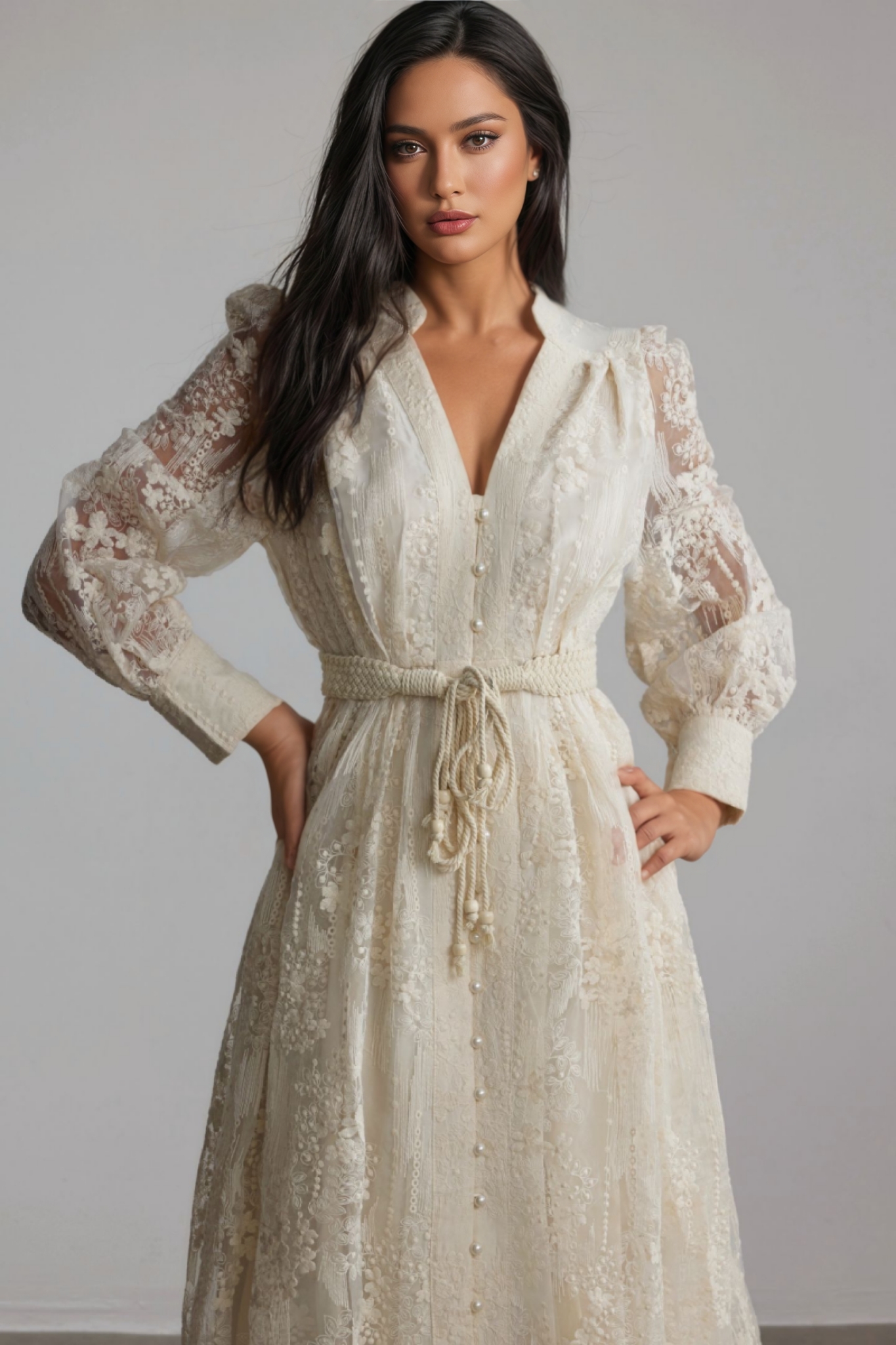 Vaice V Neck Lace Embroidered Midi Dress