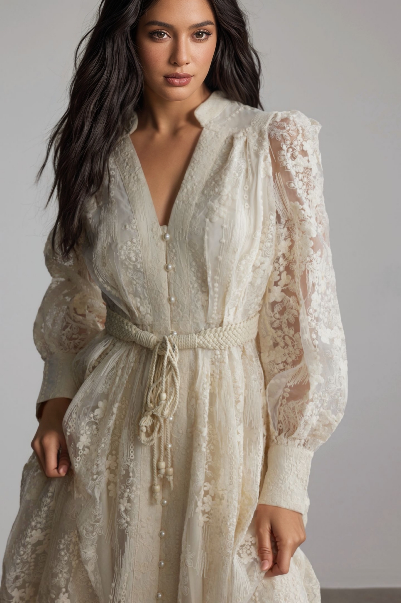 Vaice V Neck Lace Embroidered Midi Dress