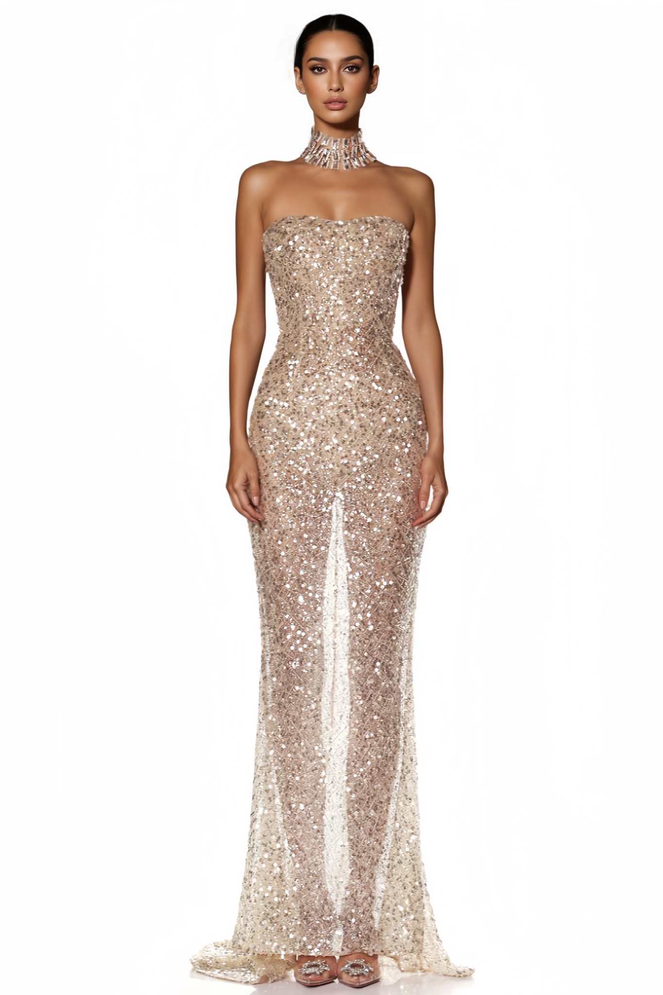 Ciroed Gold Strapless Sequin Maxi Dress