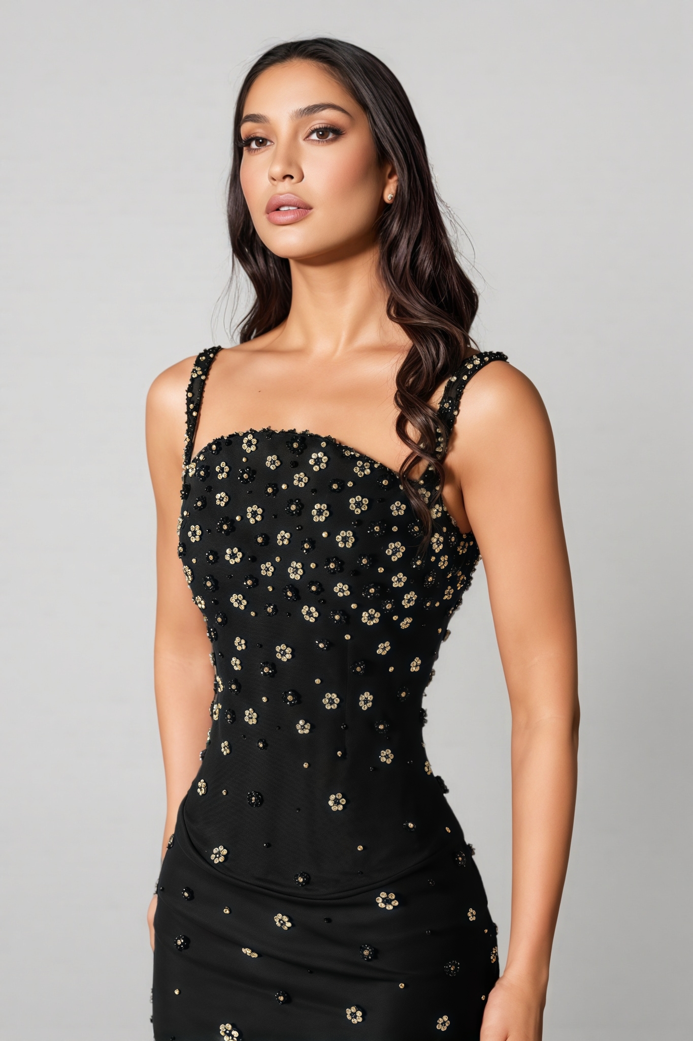 Ashlynn Floral Embellished Black Maxi Dress