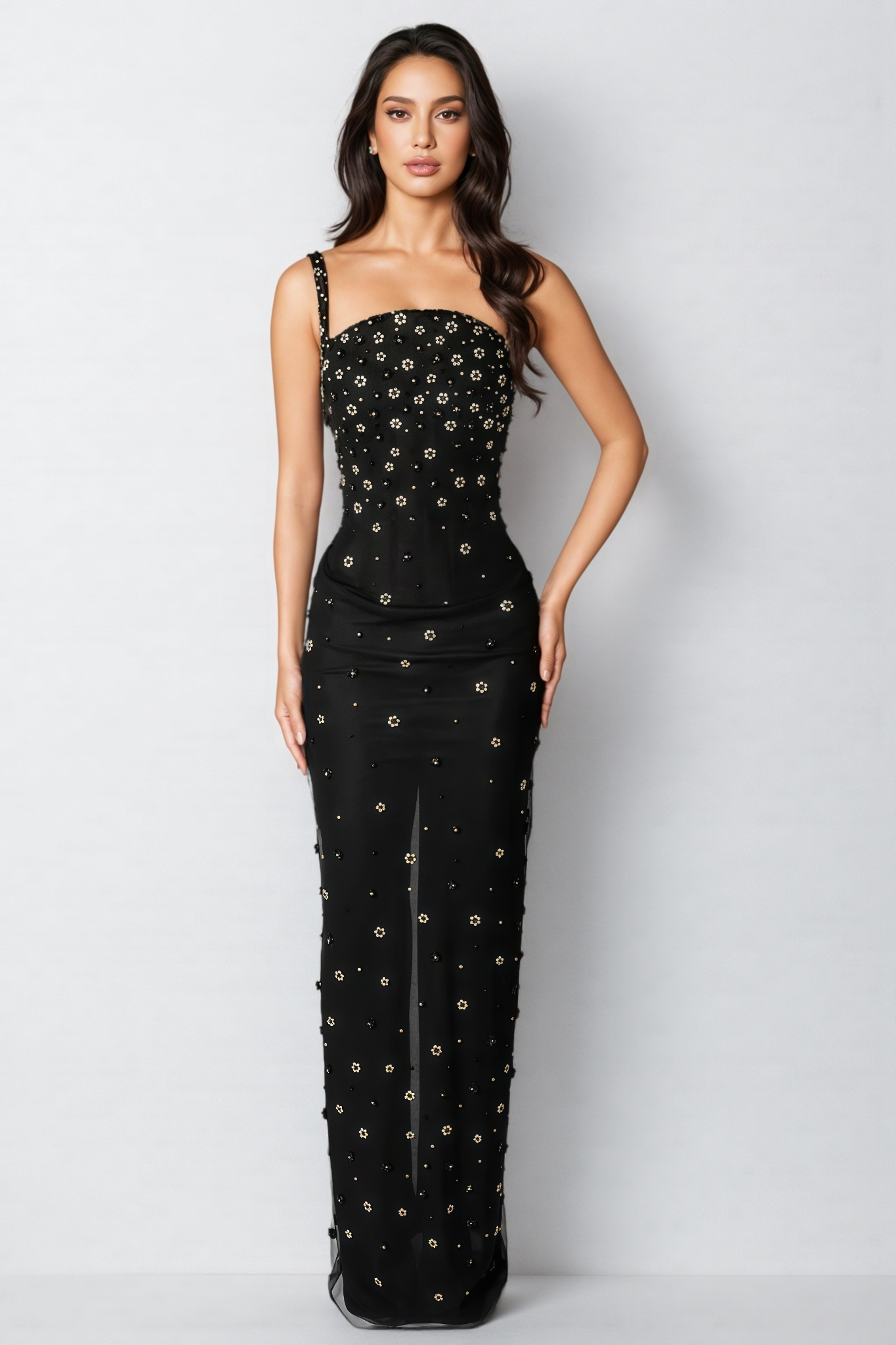 Ashlynn Floral Embellished Black Maxi Dress