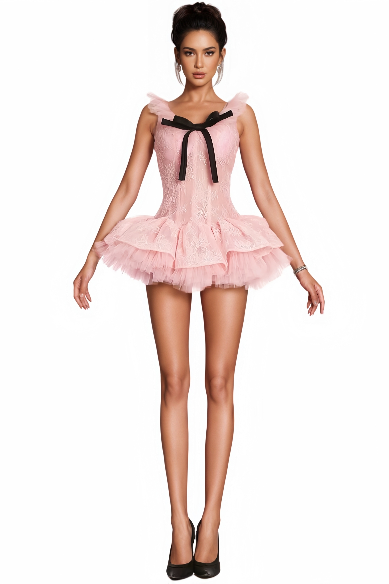Abigle Pink Lace Sequin Bow Mini Dress