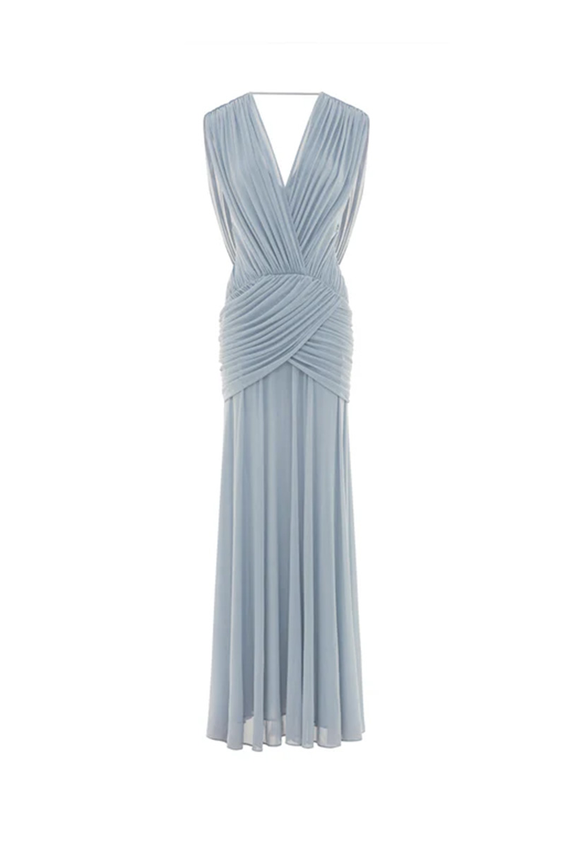 Charlotte Blue Ruched Stretch Mesh Maxi Dress