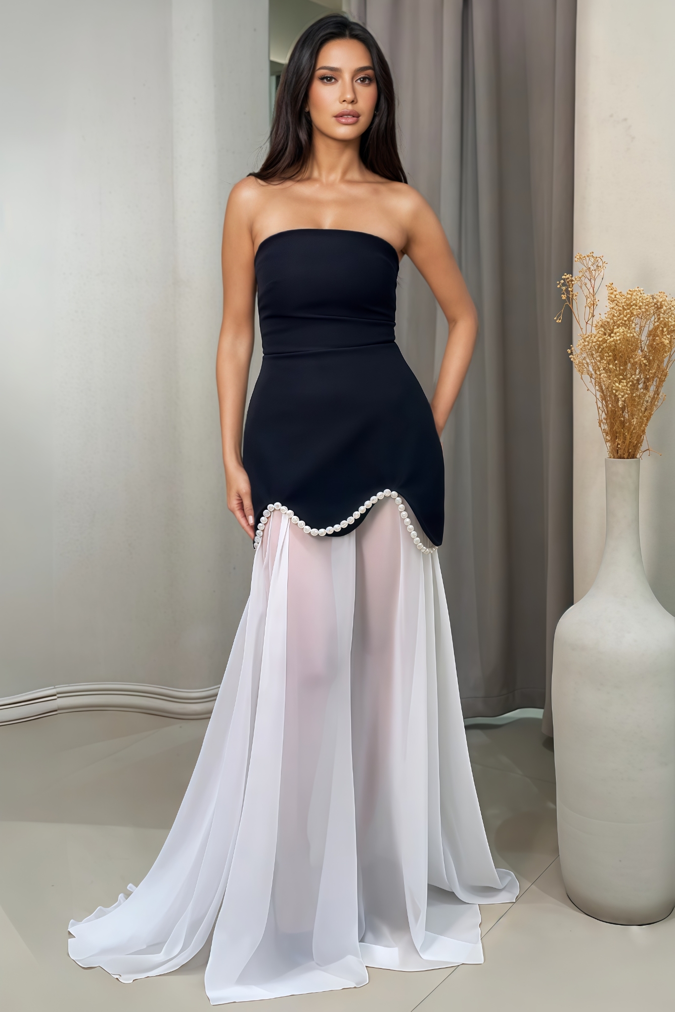 Namie Strapless Top Mesh Maxi Dress Set