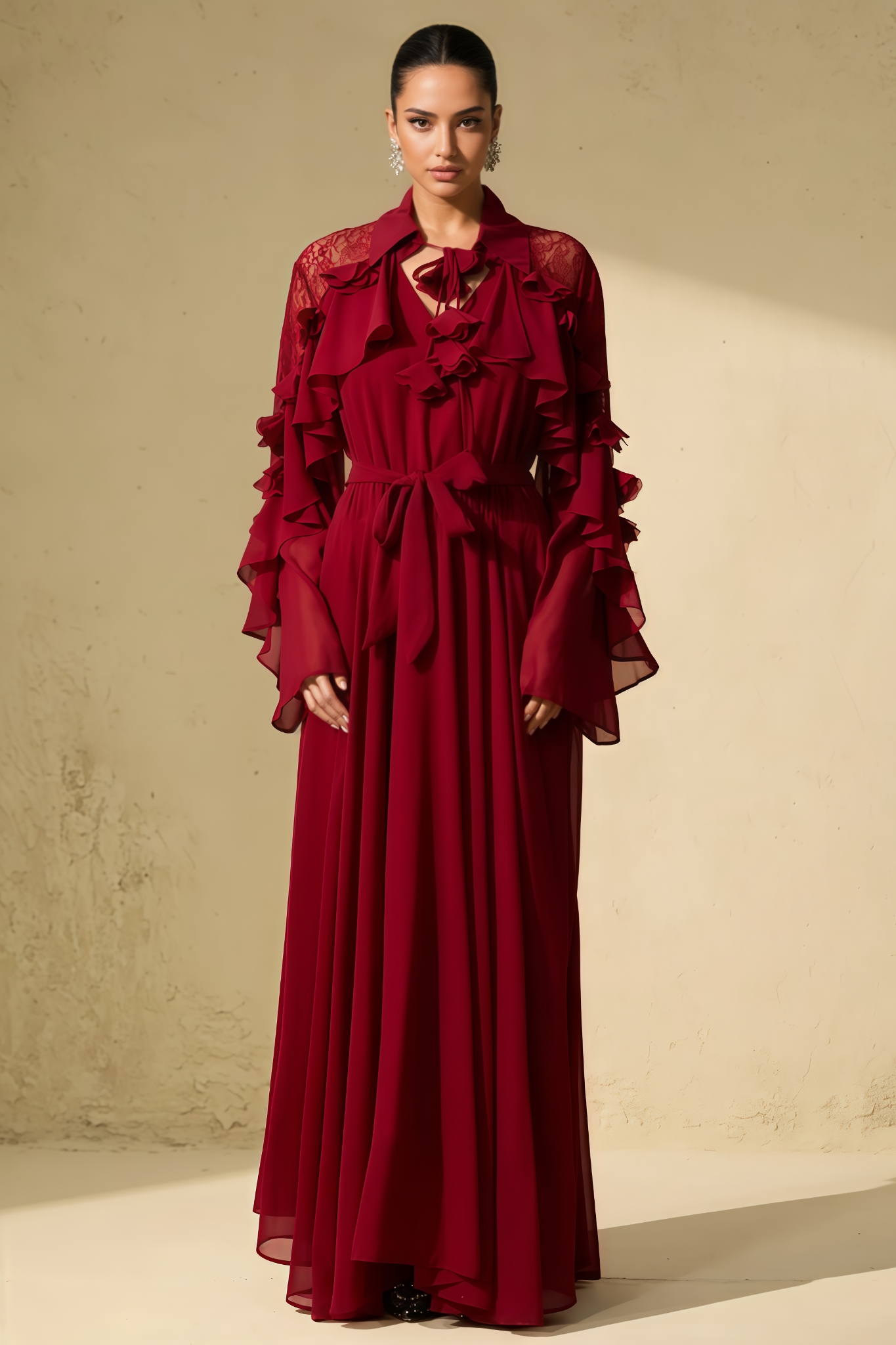 Venat Red Lace Ruffled Sleeve Maxi Dress