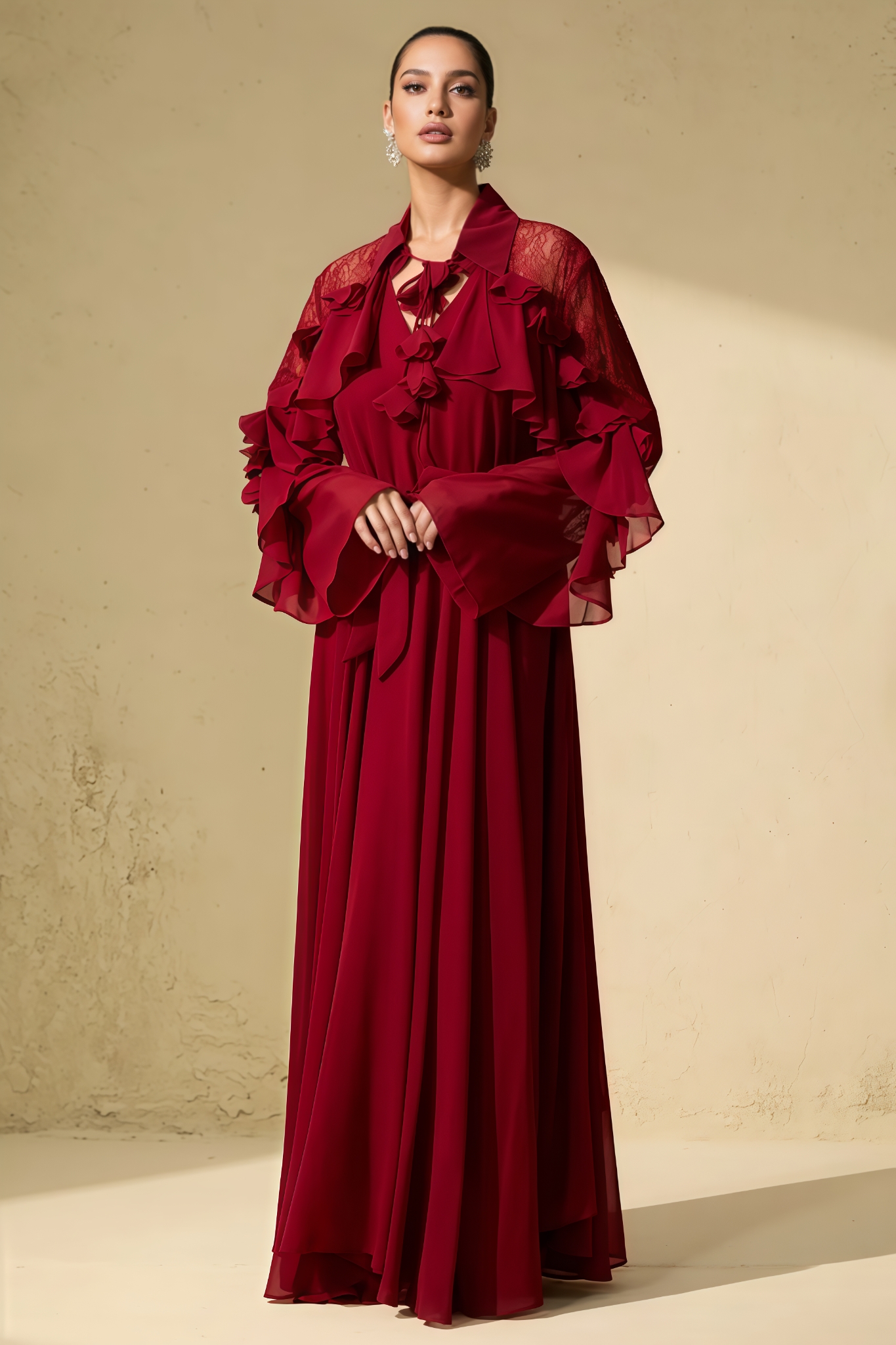 Venat Red Lace Ruffled Sleeve Maxi Dress