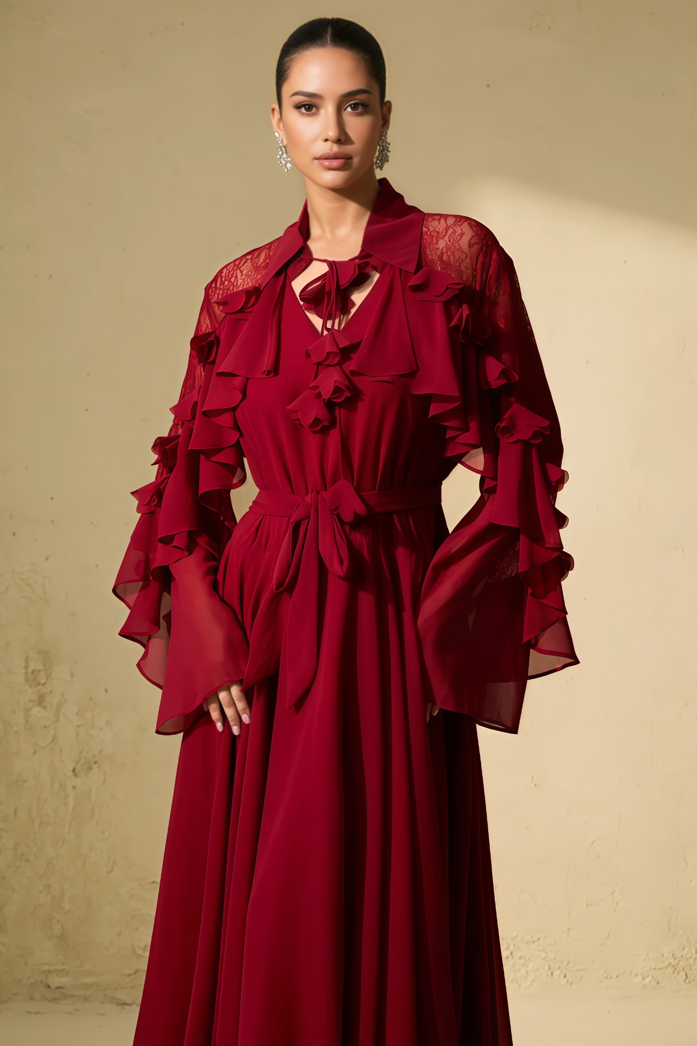 Venat Red Lace Ruffled Sleeve Maxi Dress