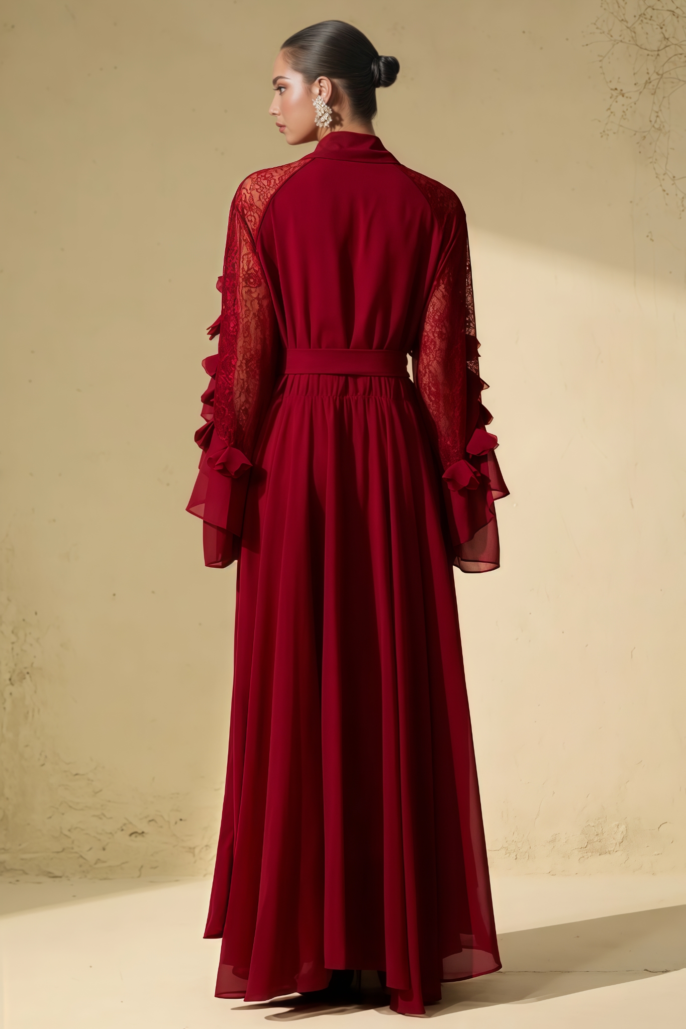 Venat Red Lace Ruffled Sleeve Maxi Dress