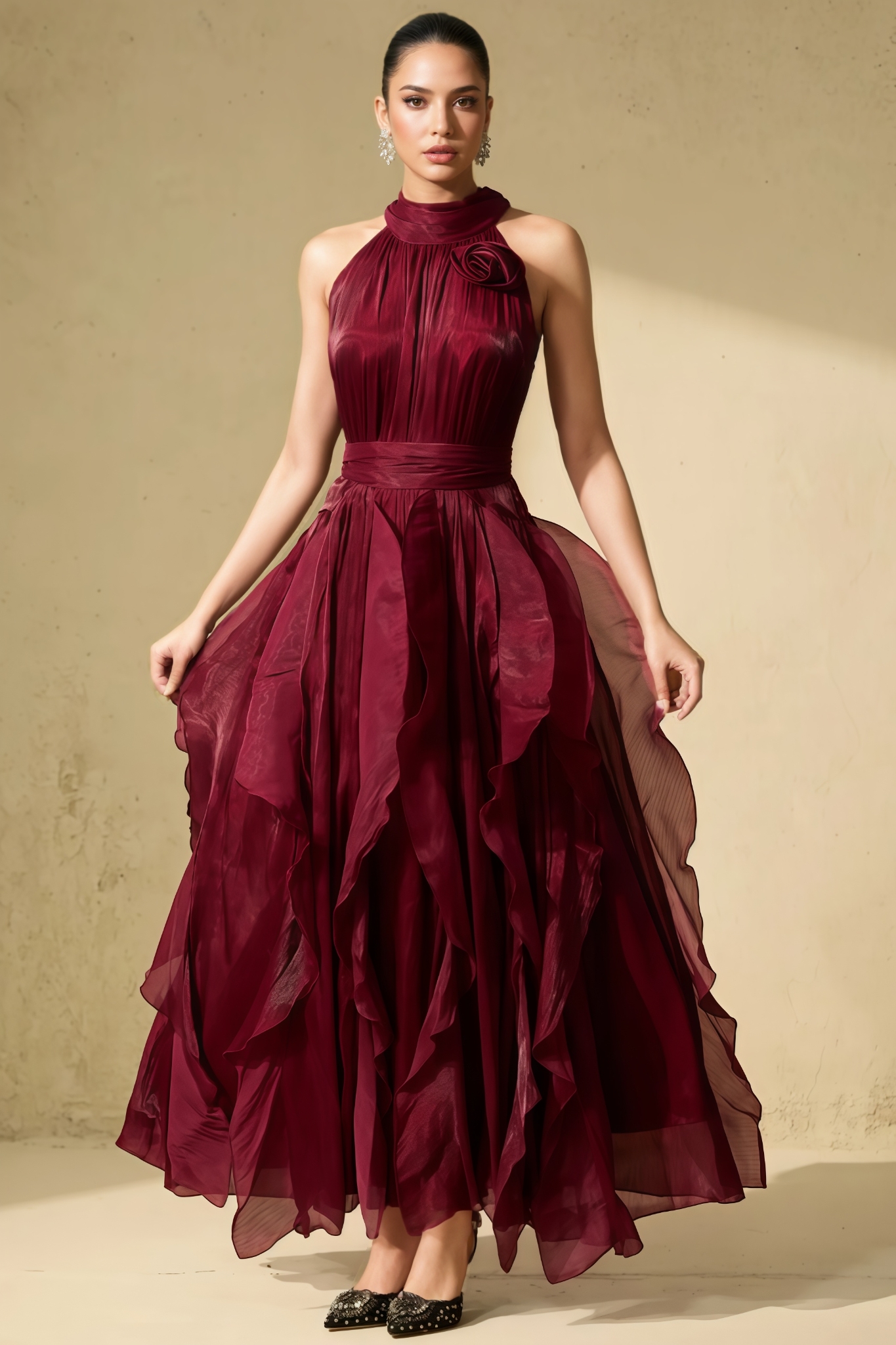 Ramila Red 3D Floral Ruffles Maxi Dress