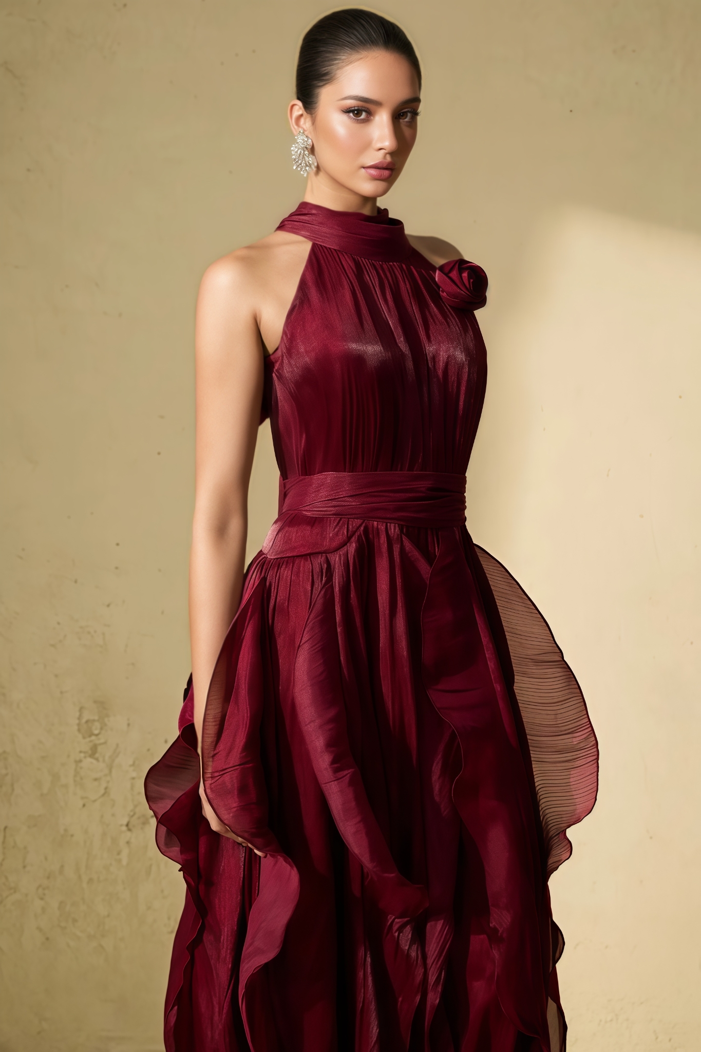 Ramila Red 3D Floral Ruffles Maxi Dress