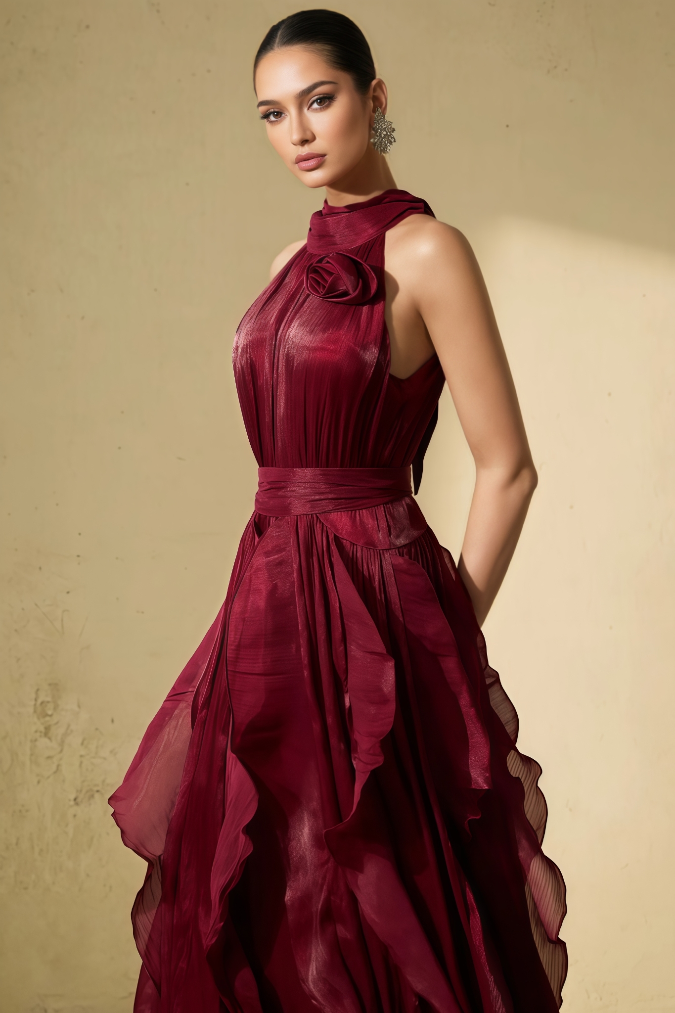 Ramila Red 3D Floral Ruffles Maxi Dress