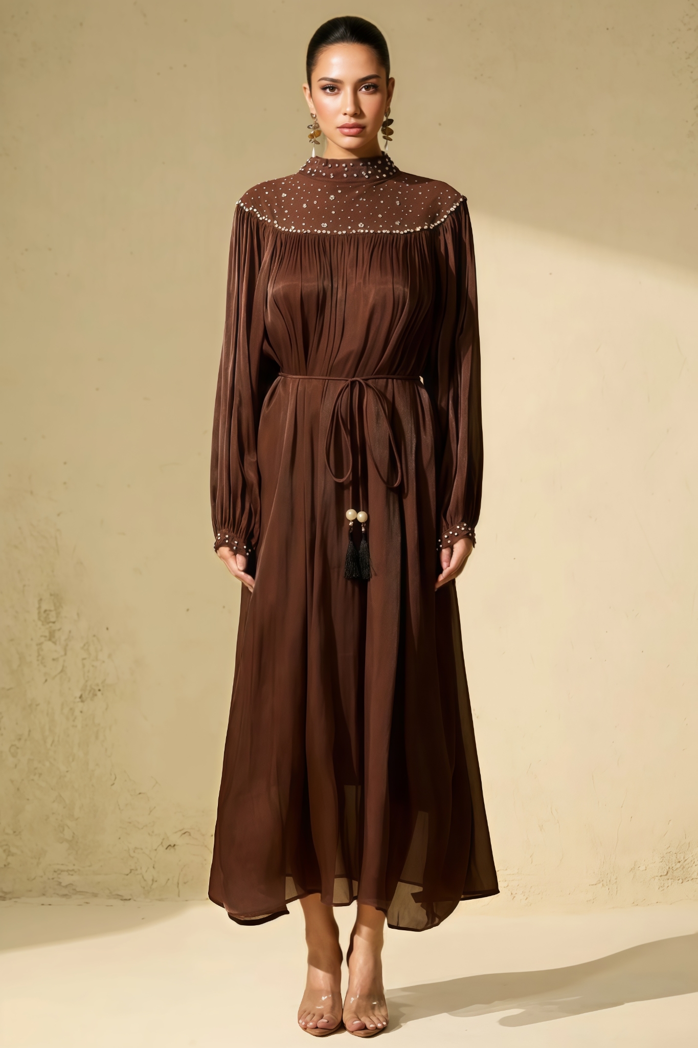 Nessra Brown Crystal Embellished Maxi Dress