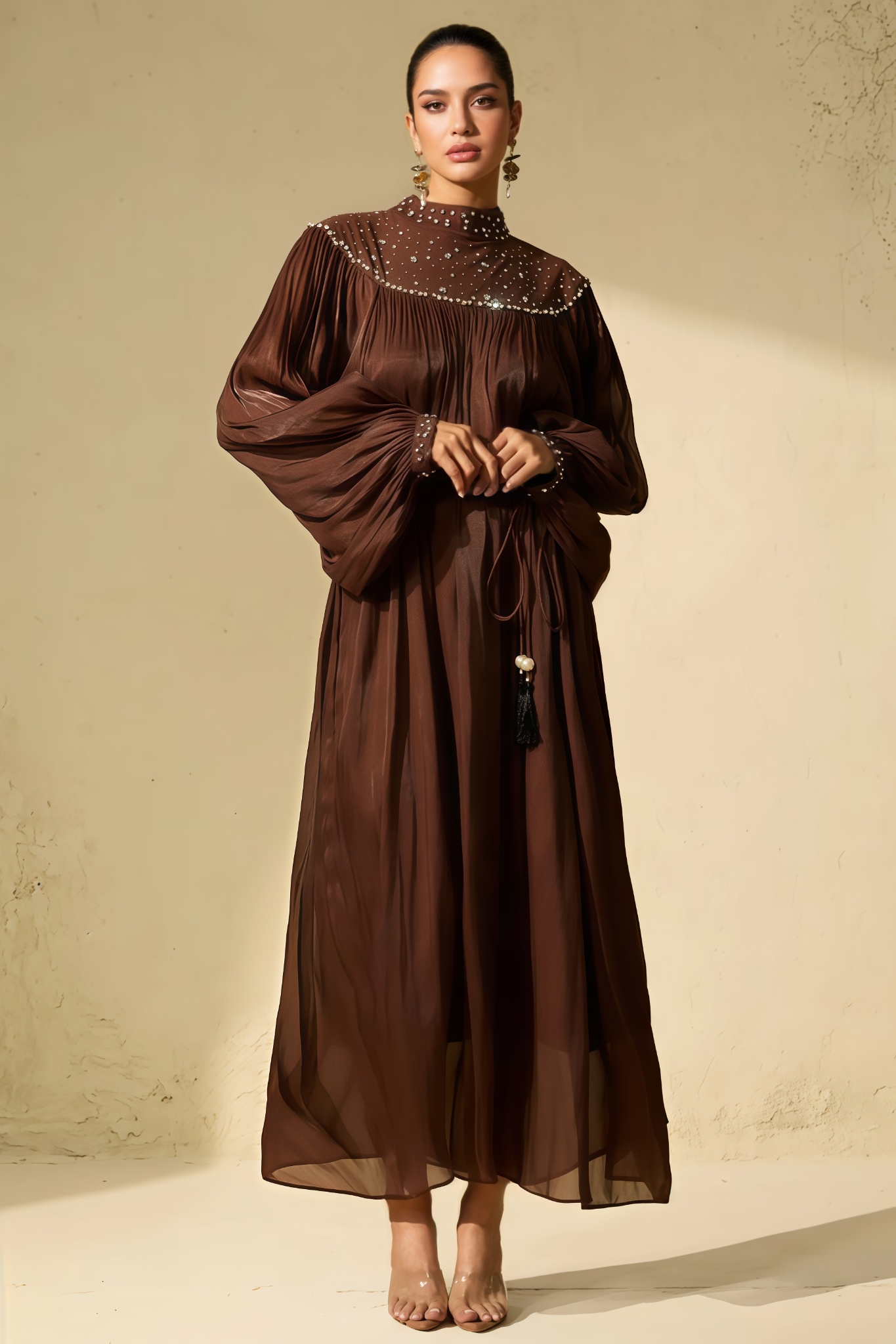 Nessra Brown Crystal Embellished Maxi Dress